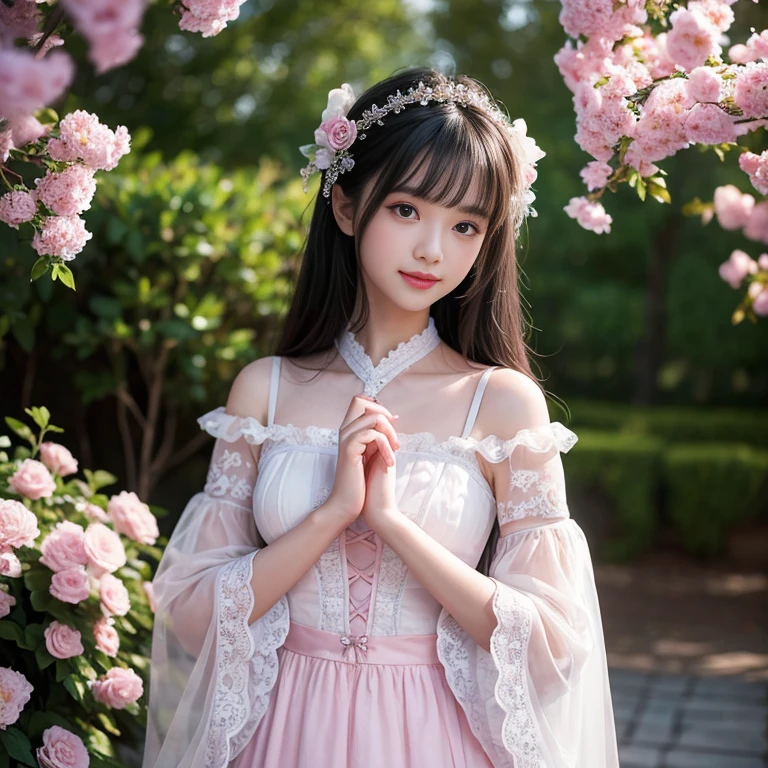 best quality, Delicate face,fair visual work,lifelike,1 girl, eternity, Black Hair, Long curly hair, Bangs, Smile, , decorate, Lace, Puff sleeves, Wide sleeves, Transparent sleeves, Hair accessories, 在flower园里, flower, Detailed background, Delicate face,pink blush,白cold,Lots of Lace,((masterpiece))、(top quality)、8k、High Detail、Ultra Detailed,21 years old female,((Dreamy atmosphere:1.1))、Seductive and whimsical style、masterpiece、born、Scenes resembling fairy tale illustrations、Intricate details showcase the ruffles and intricate designs of the Lolita dress、fair、magic、capricious、 fair、Dreamy aesthetics、「art itself、ethereal、charming、fickle、magic」、realism、Visual effect、FXAA、SSAO、shader、voiceless、Ambient Lighting、Tone Mapping、high resolution、Ultra HD、Million pixels、(8k resolution:1.10)、8k、Below 8K、8k resolution、High Detail、Intricate details, (high quality:1.2、masterpiece:1.2、:1.21)、(21 years old female:1.21)、(興奮地Smile)、(Surrounded by the Dreamy atmosphere,Model Diagram,head shot,Hair accessories,Don't show your fingers,cold,Close-up of face,Just a headshot,Photos above the shoulders