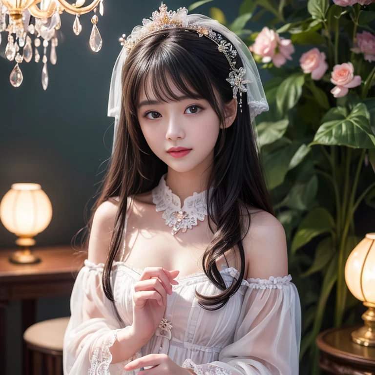 best quality, Delicate face,fair visual work,lifelike,1 girl, eternity, Black Hair, Long curly hair, Bangs, Smile, , decorate, Lace, Puff sleeves, Wide sleeves, Transparent sleeves, Hair accessories, 在flower园里, flower, Detailed background, Delicate face,pink blush,白cold,Lots of Lace,((masterpiece))、(top quality)、8k、High Detail、Ultra Detailed,21 years old female,((Dreamy atmosphere:1.1))、Seductive and whimsical style、masterpiece、born、Scenes resembling fairy tale illustrations、Intricate details showcase the ruffles and intricate designs of the Lolita dress、fair、magic、capricious、 fair、Dreamy aesthetics、「art itself、ethereal、charming、fickle、magic」、realism、Visual effect、FXAA、SSAO、shader、voiceless、Ambient Lighting、Tone Mapping、high resolution、Ultra HD、Million pixels、(8k resolution:1.10)、8k、Below 8K、8k resolution、High Detail、Intricate details, (high quality:1.2、masterpiece:1.2、:1.21)、(21 years old female:1.21)、(興奮地Smile)、(Surrounded by the Dreamy atmosphere,Model Diagram,head shot,Hair accessories,Don't show your fingers,cold,Close-up of face,Just a headshot,Photos above the shoulders