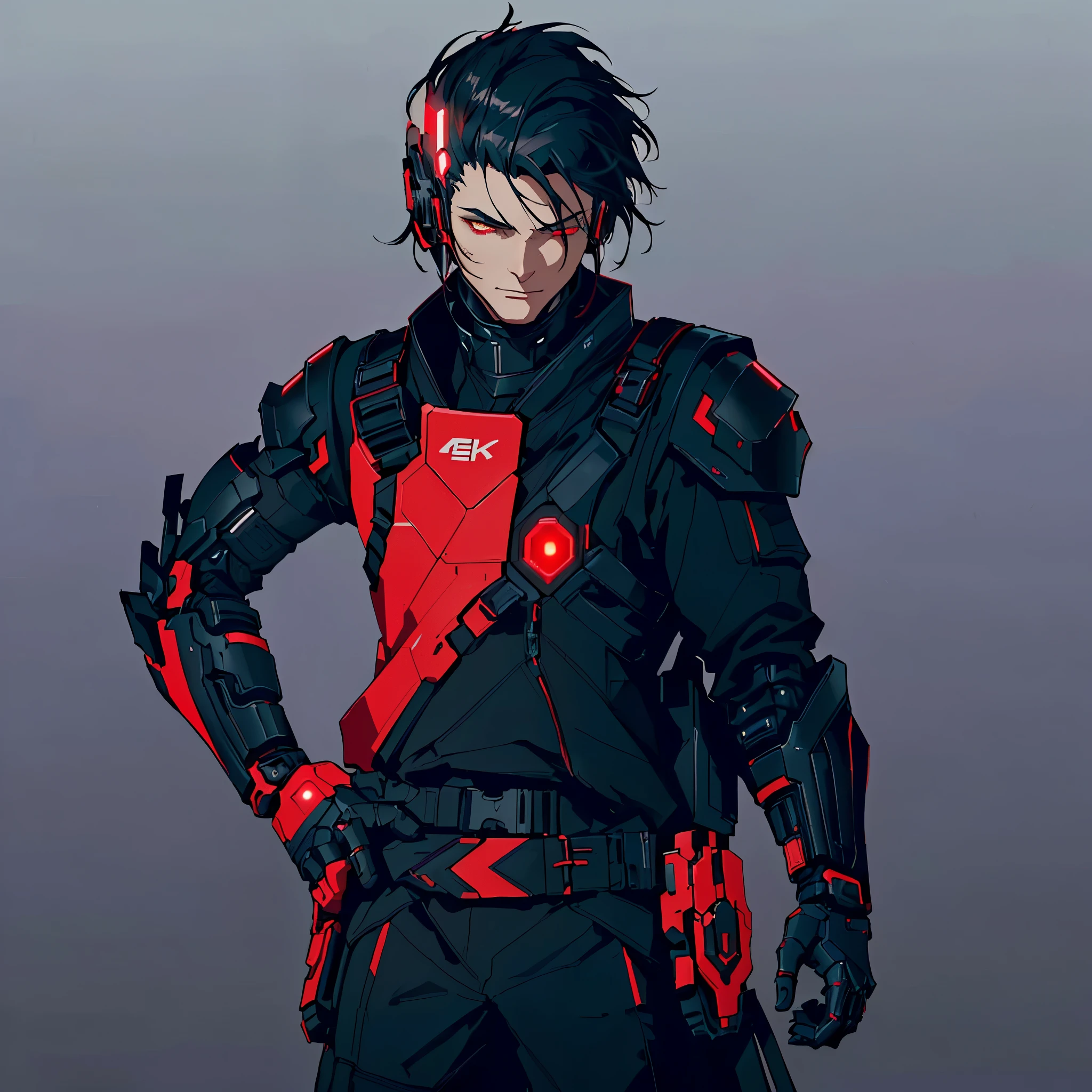 there is a  black and red outfit posing for a picture, sci - fi character, cyber suit, sci fi male character, highly detailed character, 8 k character details, small character. unreal engine 5, unreal engine character art, goth cybersuit, male character, wearing futuristic armor, wearing techwear and armor, black and red armor, cyberpunk flame suit