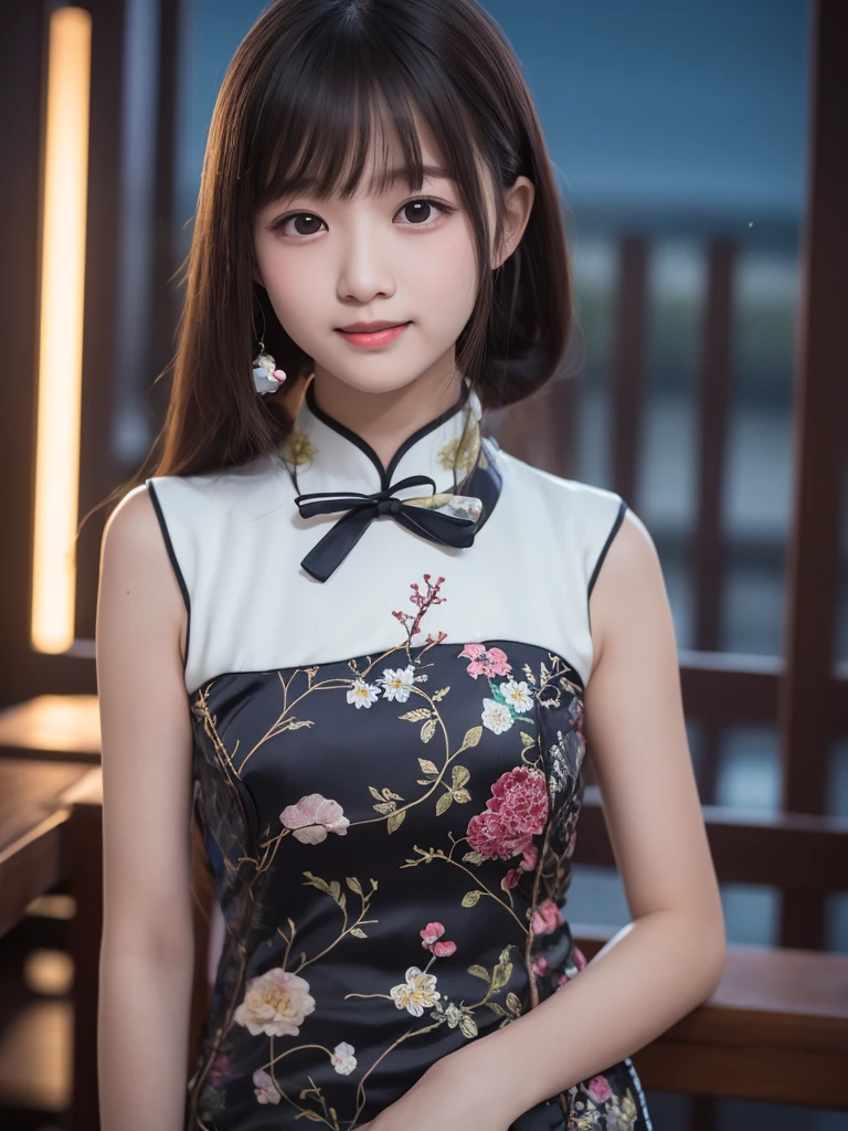 table top, highest quality, 8K, 10years old student girl, Ten generations, RAW photo, absurd, award-winning portraits, smile, alone, (night:1.8), idol face, violaces, delicate girl, Upper body, Digital single-lens reflex camera, looking at the viewer, Frank, Sophisticated,thin arms, professional lighting, film grain, chromatic aberration, (Eye and face details:1.0), (Bokeh:1.1) , (qipao dress:1.2) , close your mouth