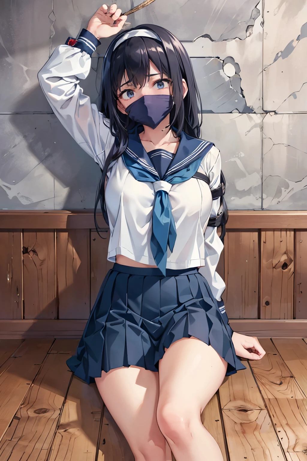 (Highly detailed CG Unity 8K), (highest quality)，(Very detailed)，(Ultra-high resolution), 1 female, white cloth gag, uniform, Sailor suit, Rope Bondage, breasts Rope Bondage, hands back Rope Bondage, leg Rope Bondage, thigh Rope Bondage, bust Rope Bondage, feet Rope Bondage, Arms are behind the hips, Wrists tied, Tie your ankles, Dark Blue Skirt, Black Hair, Straight hair, BDSM, Wear a bandana on your head, 