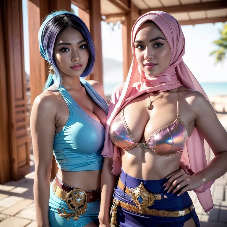 Beautiful and gorgeous Hijab Malay sexy body, morning time, smiling, happy, bright sunshine, beach, blurred background, bokeh,realistic, ultra-detailed, big breast, malay, The whole body consists of a young girl with hijab Kimono, Eye makeup, 38 year old, Cat ears, Soft lighting, groups, Wear shabby clothes, Dirty, Tattered futuristic military uniform, Cat's paw badge, Pose, spot color, rendering by octane, Ultra-realistic intricate details, big breasts, big breasts, big breasts, two MAPAY women in lingerie posing for a picture in a room, oppai, posing together in bra, MIRA FILZAH and IMAN TAYORE, red bra, all red, oppai proportions, sexy :8k, 4 k, big breasts!, bottom angle, big breasts!!, Malay beauties, biomechanical oppai, fujita goro and jones, thicc, wearing hijab, hijab star, hijab gorgeous, hijab super model, Malaysian girls group,malay, The whole body consists of a young girl with hijab, Eye makeup, 21yo, Cat ears, Soft lighting, group, Wear shabby clothes, Dirty, Tattered futuristic bikini, Cat's paw badge, Pose, spot color, rendering by octane, Ultra-realistic intricate details, Cinematic, 8K resolution, 70mm, emphasis lighting, Global illumination, (((wearing a Sexy belt design by LV))) Surreal full-body figure, Beautiful and delicate body and face, gorgeous figure, ssmile, Titillating,Surreal full-body figure,Beautiful and detailed body and face, Super vista, White skin of the, vivd colour,🔥8k, (masterpiece), (((highest quality)), (super detailed), 2 girls, (iridescent hair, colorful hair, half blue and half pink hair: 1.2), 38 years old, (Gorgeous Malay Girls: 1.2), outdoor, bangs, smile, sky blue eyes, perfect hands, perfect hands, hand details, corrected fingers. Earrings, Night Store + Background, looking_at_viewer, Cowboy Shot, Top Quality, Rich Detail, Perfect Image Quality, big breasts, slender body