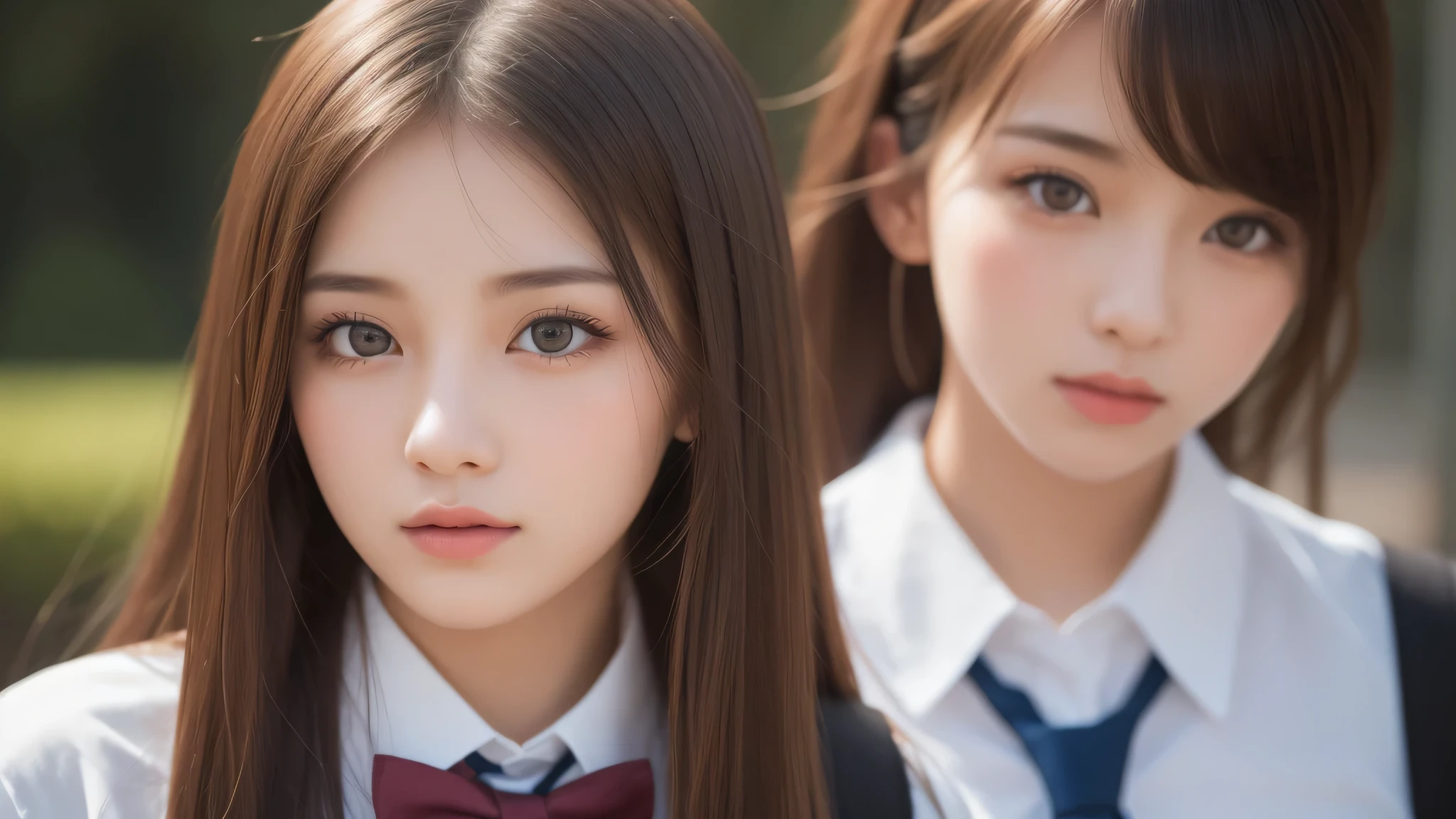 (2girl:1.3), (extremely detailed beautiful face), (highly detailed eyes, highly detailed face), (high school uniform), Fresh, very clean appearance, (best Quality:1.4), (hyper-realistic, hight resolution), Professional Photography, standing, Outdoors, Close up portrait of girl, staring at me, (Fine face:1.2), (big breasts:1.2),
