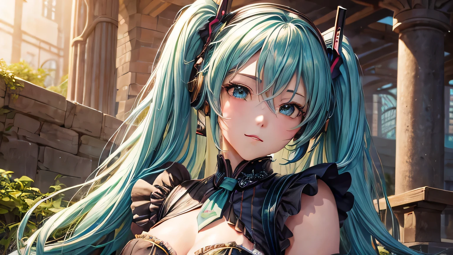 Hatsune Miku、Steampunk Costume、Steampunk landscape、The ultimate beauty、so beautiful, Shiny, Light、Detailed and highest quality eye depiction、、Detailed and highest quality facial depiction、highest quality、masterpiece、Ultra-high resolution、Detailed and highest quality depiction of the upper body、(Realistic:1.4)、