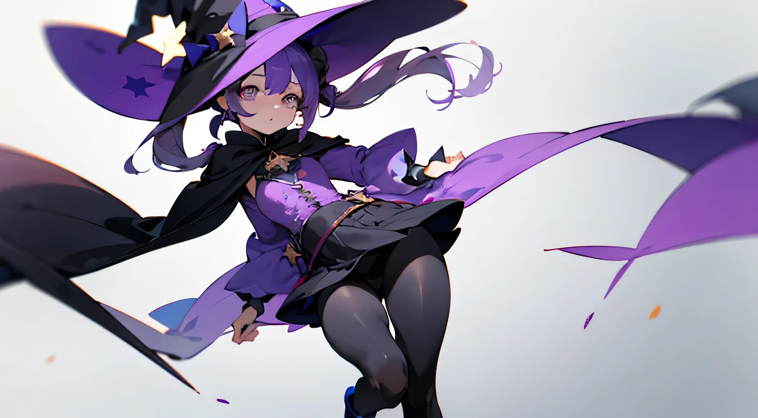 
Twin tails　Hair up to the waist　Hair color purple　Wearing witch clothes　Wearing black tights　There are two stars on the thighs of her black tights