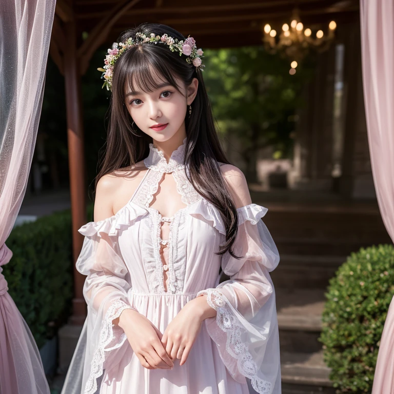 best quality, Delicate face,fair visual work,lifelike,1 girl, eternity, Black Hair, Long curly hair, Bangs, Smile, , decorate, Lace, Puff sleeves, Wide sleeves, Transparent sleeves, Hair accessories, 在flower园里, flower, Detailed background, Delicate face,pink blush,白cold,Lots of Lace,((masterpiece))、(top quality)、8k、High Detail、Ultra Detailed,21 years old female,((Dreamy atmosphere:1.1))、Seductive and whimsical style、masterpiece、born、Scenes resembling fairy tale illustrations、Intricate details showcase the ruffles and intricate designs of the Lolita dress、fair、magic、capricious、 fair、Dreamy aesthetics、「art itself、ethereal、charming、fickle、magic」、realism、Visual effect、FXAA、SSAO、shader、voiceless、Ambient Lighting、Tone Mapping、high resolution、Ultra HD、Million pixels、(8k resolution:1.10)、8k、Below 8K、8k resolution、High Detail、Intricate details, (high quality:1.2、masterpiece:1.2、:1.21)、(21 years old female:1.21)、(興奮地Smile)、(Surrounded by the Dreamy atmosphere,Model diagram,Hair accessories,Don't show your fingers,cold,Close-up of face,,Photos above the shoulders