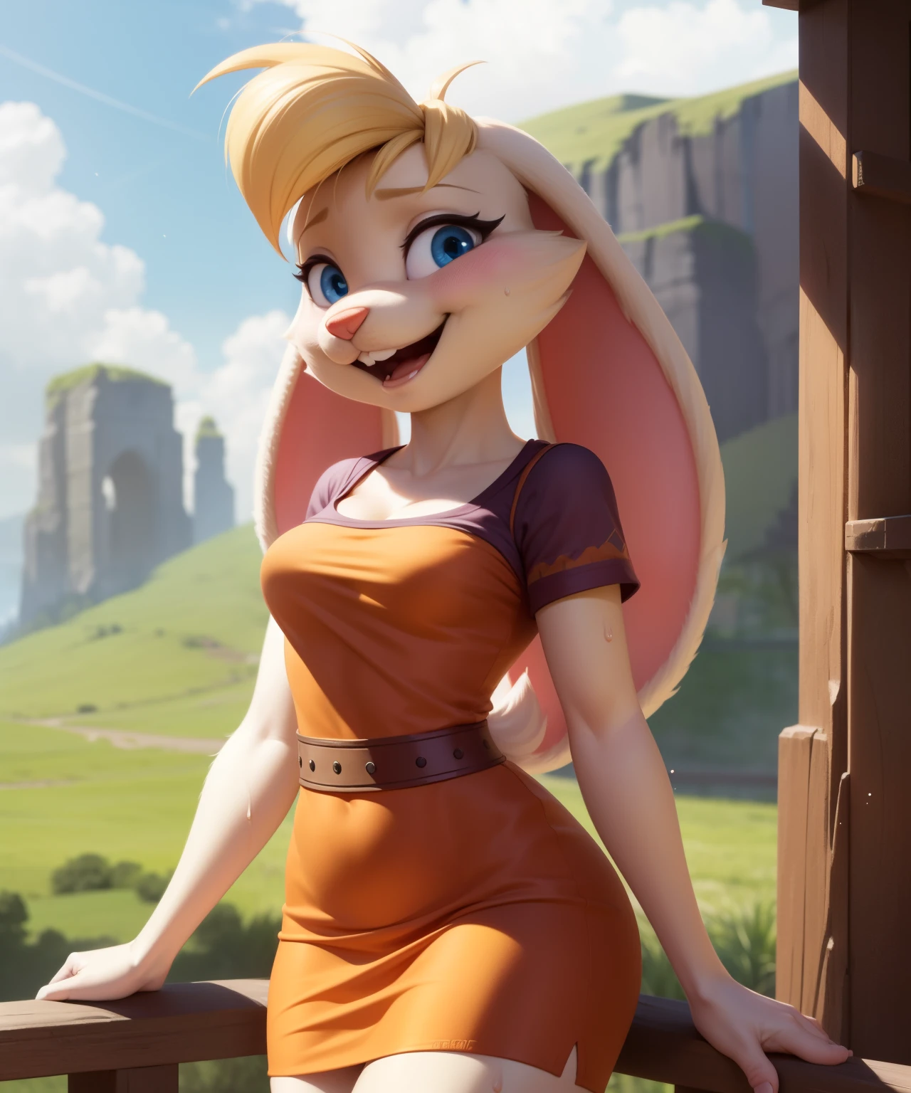 bianca, furry female anthro, rabbit girl, standing, portrait,( short dress:1.1), short sleeves, solo, (body fur:1.2), (best quality), (outdoors fantasy background:1.2), cinematic lighting, (detailed fluffy fur:1.1), looking at viewer, smile, open mouth, teeth,sweat, blush, tail