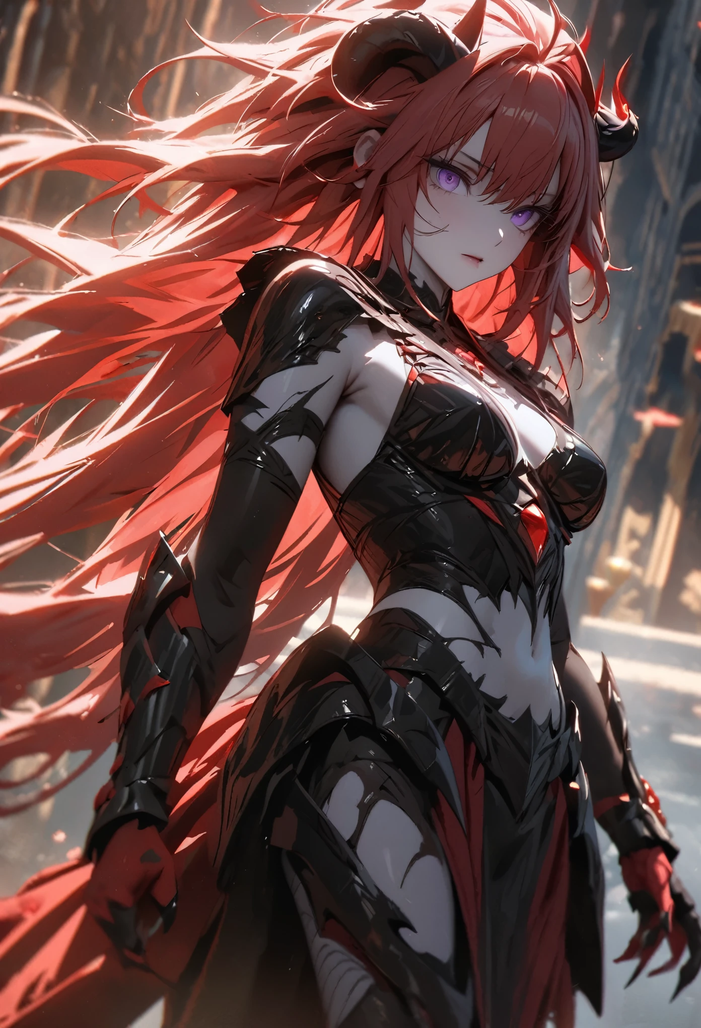 (solo), pinkish red hair, messy hair, mane hair, extra long hair, dense hair, wild hair, expressive hair, mature, woman, (25 year old), pale skin, purple eyes, curved horns, demon girl, demonic woman, wearing a black armor, armored arms, armored legs, claws,, beautiful, attractive, eye reflection, depth of field, thunder aura,cinematic lighting, ray tracing, depth of field, cinematic lighting, ray tracing, UHD, high details, best quality, highres, high quality, award winning, super detail, masterpiece, 8k, UHD, high details, best quality, highres, high quality, award winning, super detail, masterpiece, 8k, digital art, anime coloring, body shot, good face, perfect face, detailed face, good eyes