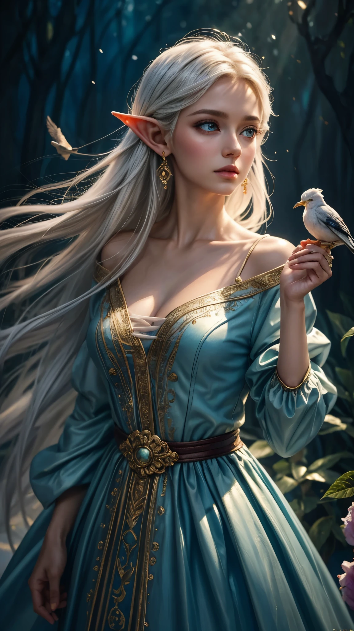 emotional oil paiting of a elf holding a bird, white haired, vivid blue eyes, chiascuro style, elegance,(oil painting:1.4), hope, feelings, inspirationg, dramatic lighting, soft lighting, diffused lighting, earings, expressive eyes, beautiful expression, wearing a dress, long hair, between flowers, magical, eeri, pastel, vivid colors, shiny,perfect anatomy, jwelery, [:perfect skin,detailed eyes, beautiful lips, sensual neck, beautiful eyelashes,shimmeromg eyes, her eyes shine like a jewel, :10], BREAK she has a bird on her palm, a oil painting bird