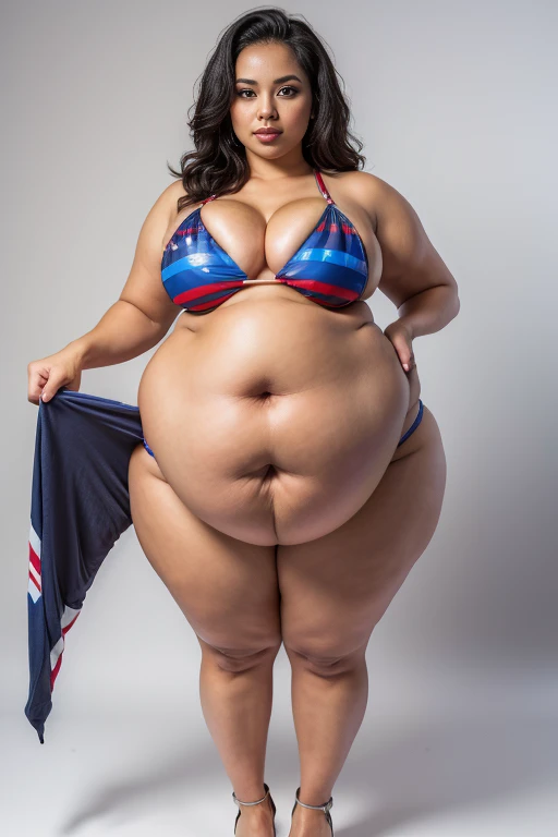 A hot thailand woman, pretty thailand woman, long legs, wavy messy black hair, (plump body, sagging breasts, braless), ((wearing american flag bikini)), white stilettos, pushes chest, seductive look, attractive, full body, front view, at professional photo studio, white backdrop background, dynamic light, dynamic angle, perspective, candid, curvy body, plump body, huge big ass, thick body, curvy body type, voluptuous body type, busty body type, thick body type, big chest, big