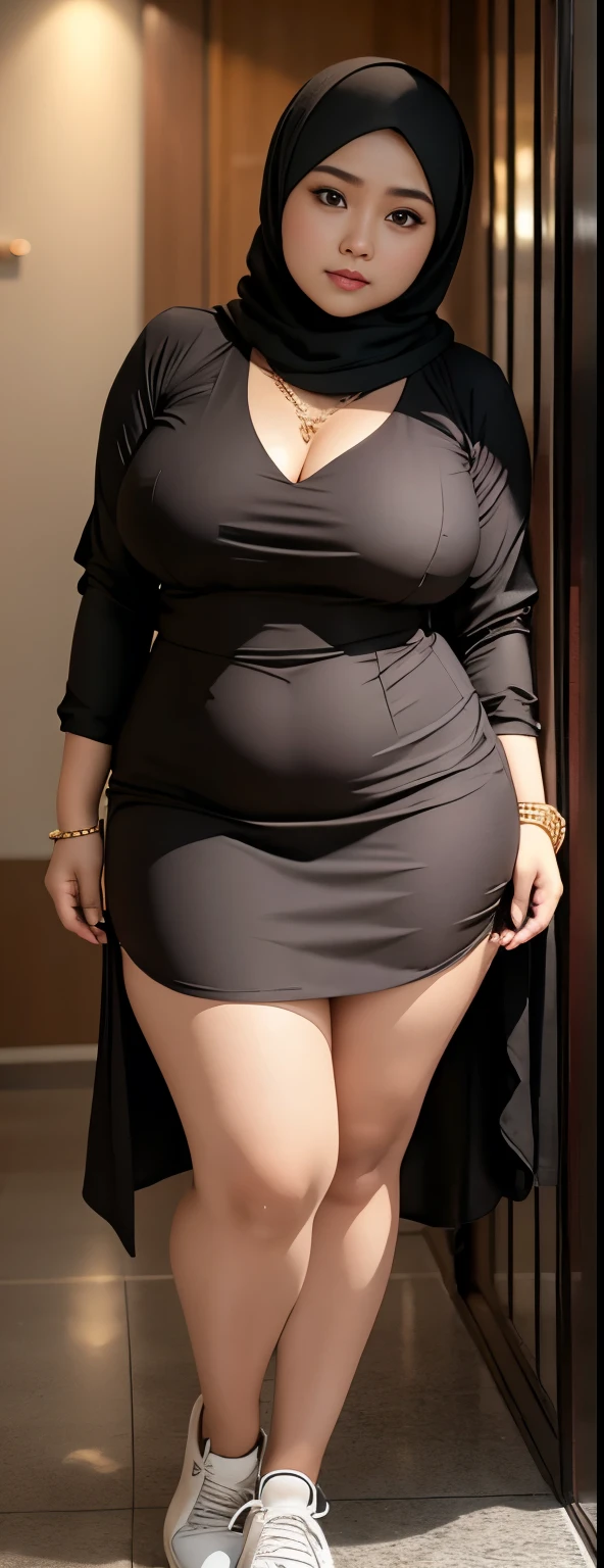 1 Indonesia girl, modern plain hijab, shy, medium portrait, watery eyes, wearing dark brown latte kebaya, ((big breasts)), black bokeh background, well-proportioned body,, chubby massive thighs, full body pose, wearing a necklace , wearing 10 bracelet , wearing a sneaker , huge chest 