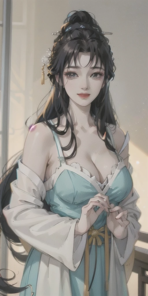 A girl, Chinese Clothing, Large Breasts, [特写Cleavage]]]]Huge long saggy breasts, Cleavage, The chest is more exposed，thigh，whole body, Sunlight, Clear face, Clean white background, masterpiece, Super Detail, Epic creation, Ultra HD, high quality, Extremely detailed, official art, 8K Wallpaper, Super Detail, 32k, ((Bangs)), Extremely detailed character, Delicate lips,  ((dark blue hair)),  Hinata/(Boruto/),  Smile,  ((Long hair))