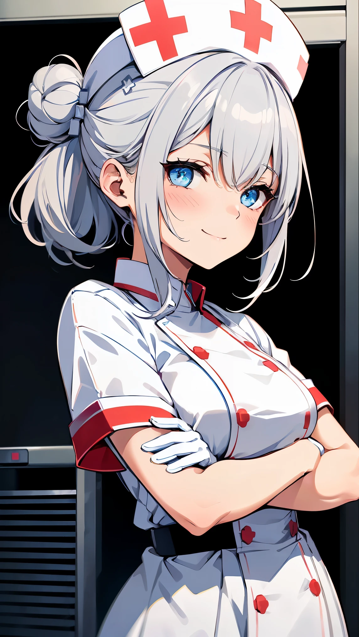 (Girl1,round face, white hair,double bun,blue eyes), Nurse, wearing white, ((nurse cap,upper body, Zetai Ryuki)), white gloves, standing, evil smile, blush, ((hospital room)), short sleeves,Eyes droop,Sharp outline,super detail,high quality,high details,best quality,1080P