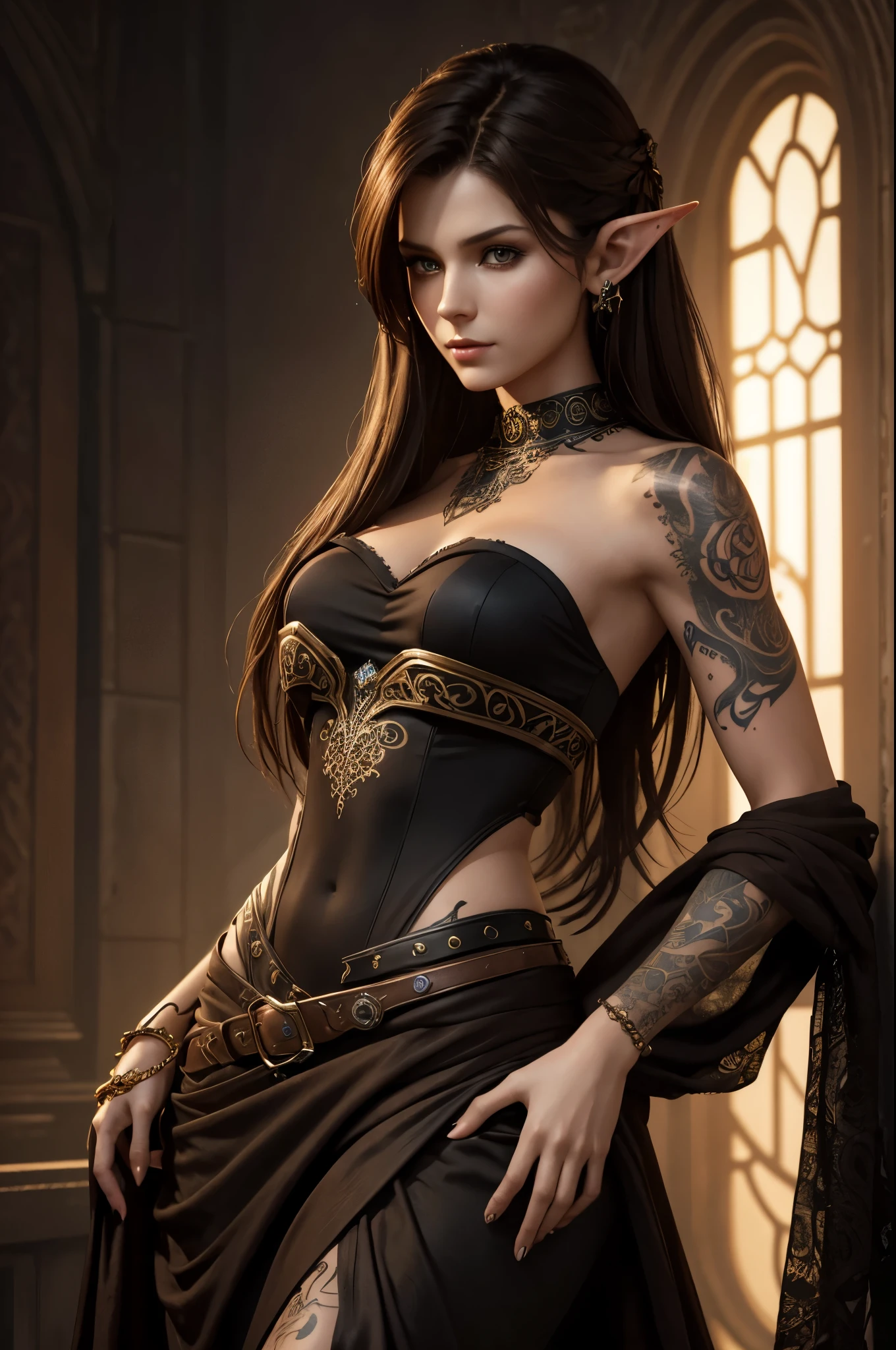“A woman with brown hair and tattoos, wearing a strapless blouse, posing for a photo. She is a very beautiful elf model with a realistic upper body. The art is inspired by the style of Anne Stokes, with a seductive touch of dark cyberpunk fantasy. The character is highly detailed and the digital rendering is in 4K.”