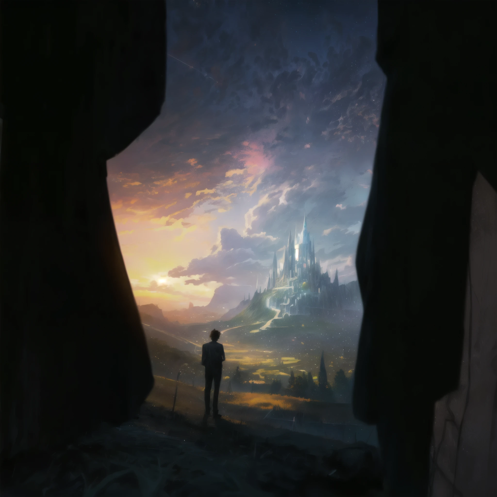 anime landscape with man and woman, standing on a tree, Cyril Rolando и Горо Фудзита, inspired Cyril Rolando, In the style of Cyril Rolando, Cyril Rolando и М. Kaluta, Cyril Rolando и М.Kaluta, Cyril Rolando, colorful digital fantasy art, colorful concept art, fantasy landscape
