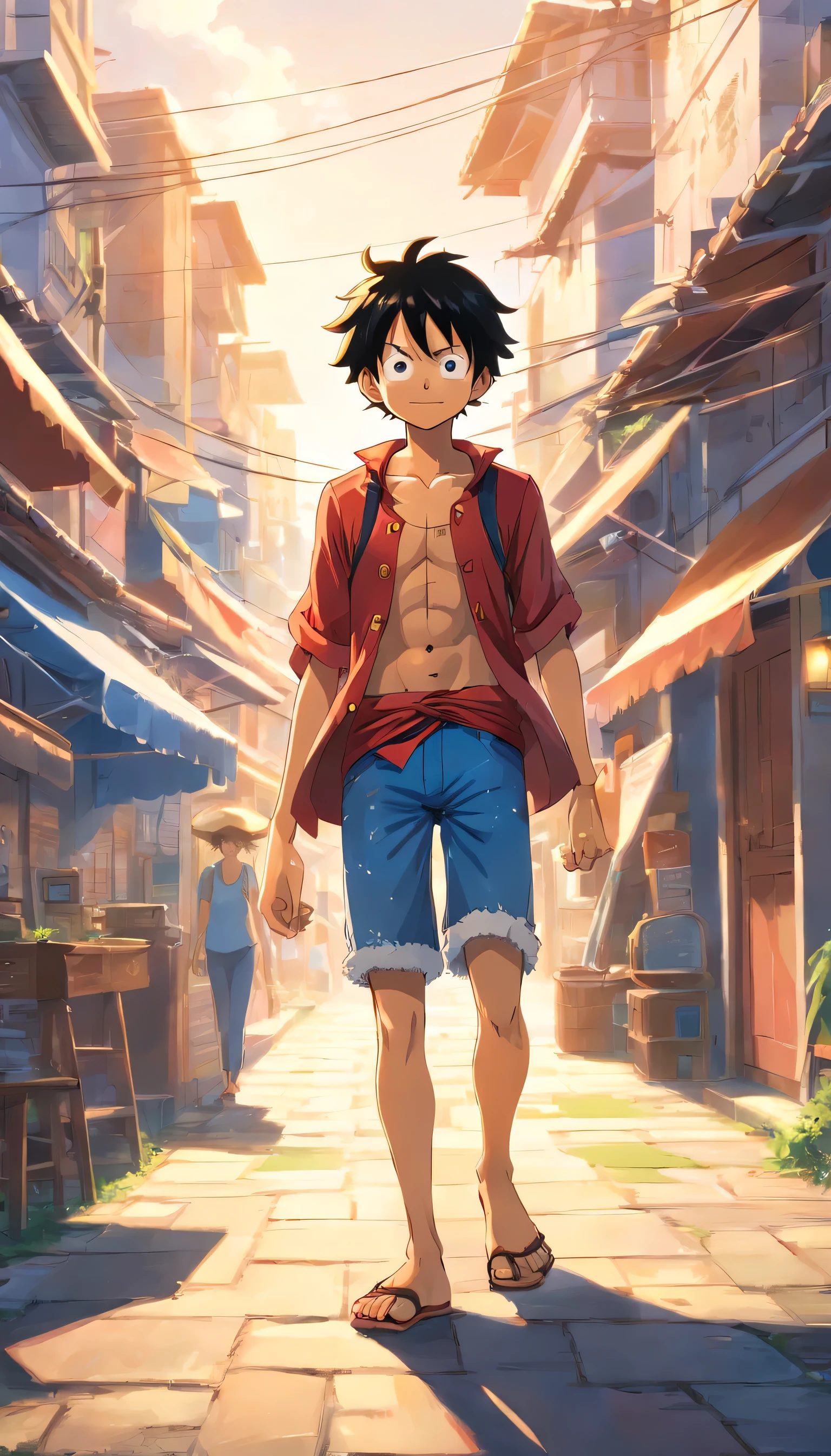 Detailed illustration of Monkey D. Luffy, cidade, marinho.