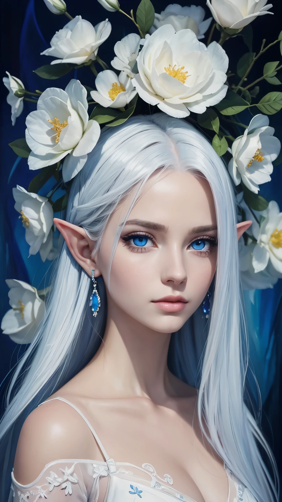 emotional oil paiting of a elf, white haired, vivid blue eyes, chiascuro style, elegance,(oil painting:1.4), hope, feelings, inspirationg, dramatic lighting, soft lighting, diffused lighting, earings, expressive eyes, beautiful expression, wearing a dress, long hair, between flowers, magical, eeri, pastel, vivid colors, shiny,perfect anatomy, jwelery, [:perfect skin,detailed eyes, beautiful lips, sensual neck, beautiful eyelashes,
:10]