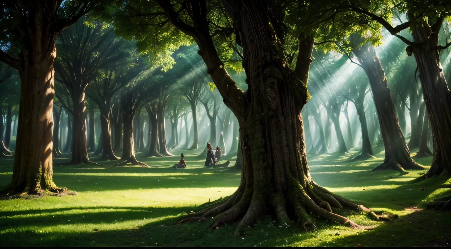 magical forest full of ((Magical elven creatures)) running between the dense and old trees,   sonhadores, intrincado, Altamente detalhado. Light filtered by trees.