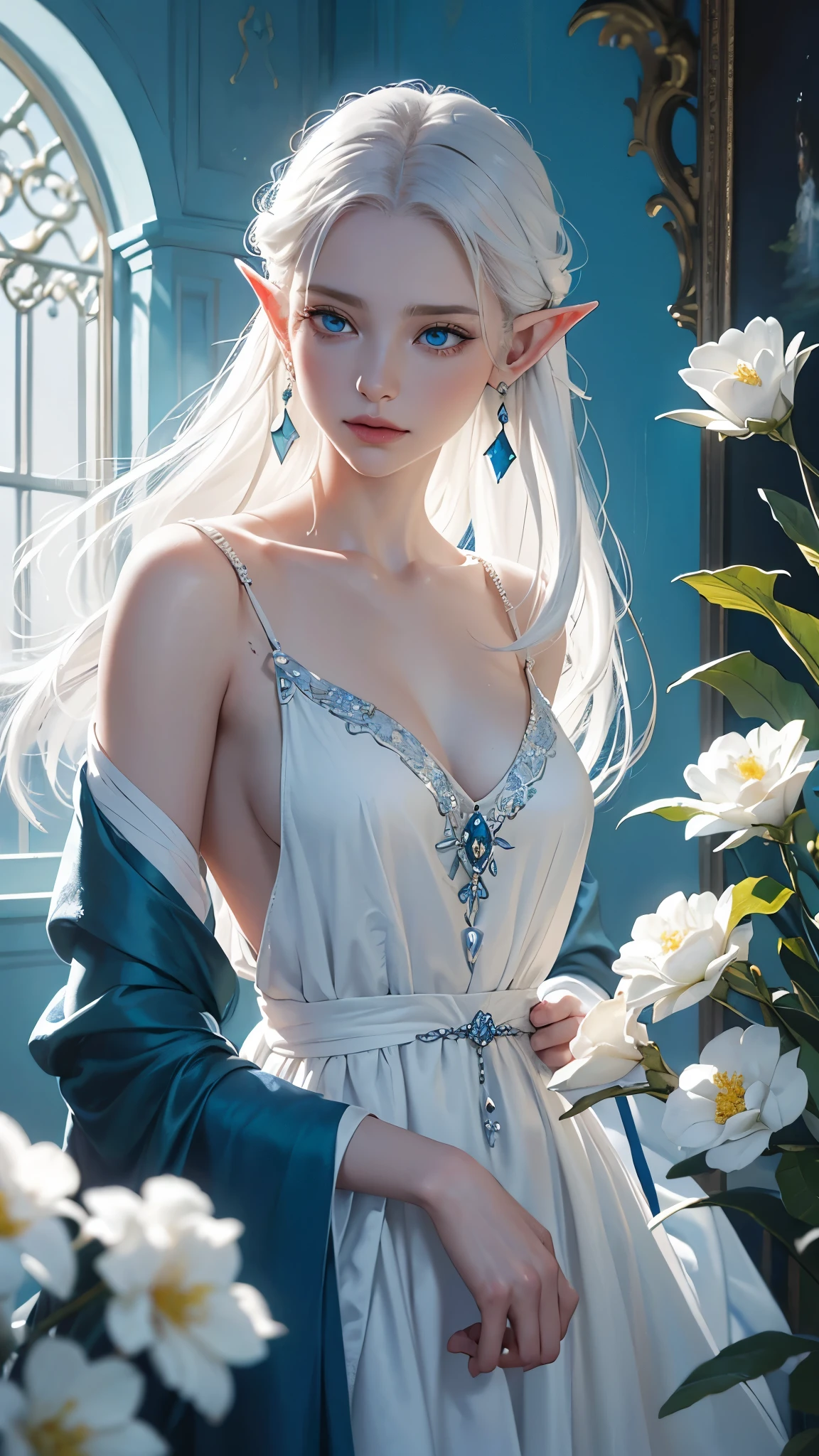 emotional oil paiting of a elf, white haired, vivid blue eyes, chiascuro style, elegance,(oil painting:1.4), hope, feelings, inspirationg, dramatic lighting, soft lighting, diffused lighting, earings, expressive eyes, beautiful expression, wearing a dress, long hair, between flowers, magical, eeri, cream