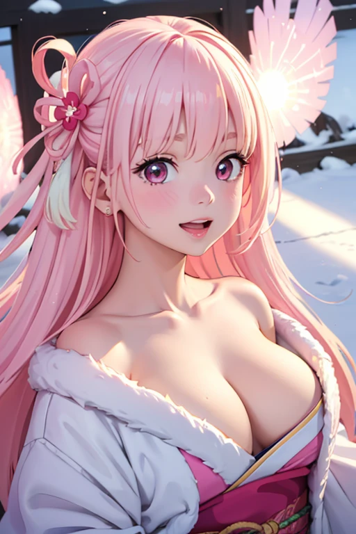 Very detailed CG Unity 8K wallpaper, Cute One lady, Mature pink hair、lady ,beautiful lady, pale skin (Super masterpiece, Beautiful person, well detailed face polluted smile, Photorealistic, hyper realisitic), Colorful winter kimono in pink and white colors、(white fur)、Japanese Style Hair Accessories、smile、Japanese background with light pink flowers and snow、Portrait、(pink eye)、(flat chest:1.0)、(Glowing Skin:1.7)、Detailed eyes、Big eyes、Open your mouth、Hide your arms