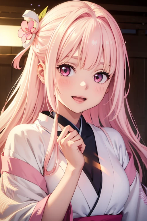 Very detailed CG Unity 8K wallpaper, Cute One lady, Mature pink hair、lady ,beautiful lady, pale skin (Super masterpiece, Beautiful person, well detailed face polluted smile, Photorealistic, hyper realisitic), Colorful winter kimono in pink and white colors、(white fur)、Japanese Style Hair Accessories、smile、Japanese background with light pink flowers and snow、Portrait、(pink eye)、(flat chest:1.0)、(Glowing Skin:1.7)、Detailed eyes、Big eyes、Open your mouth、Hide your arms