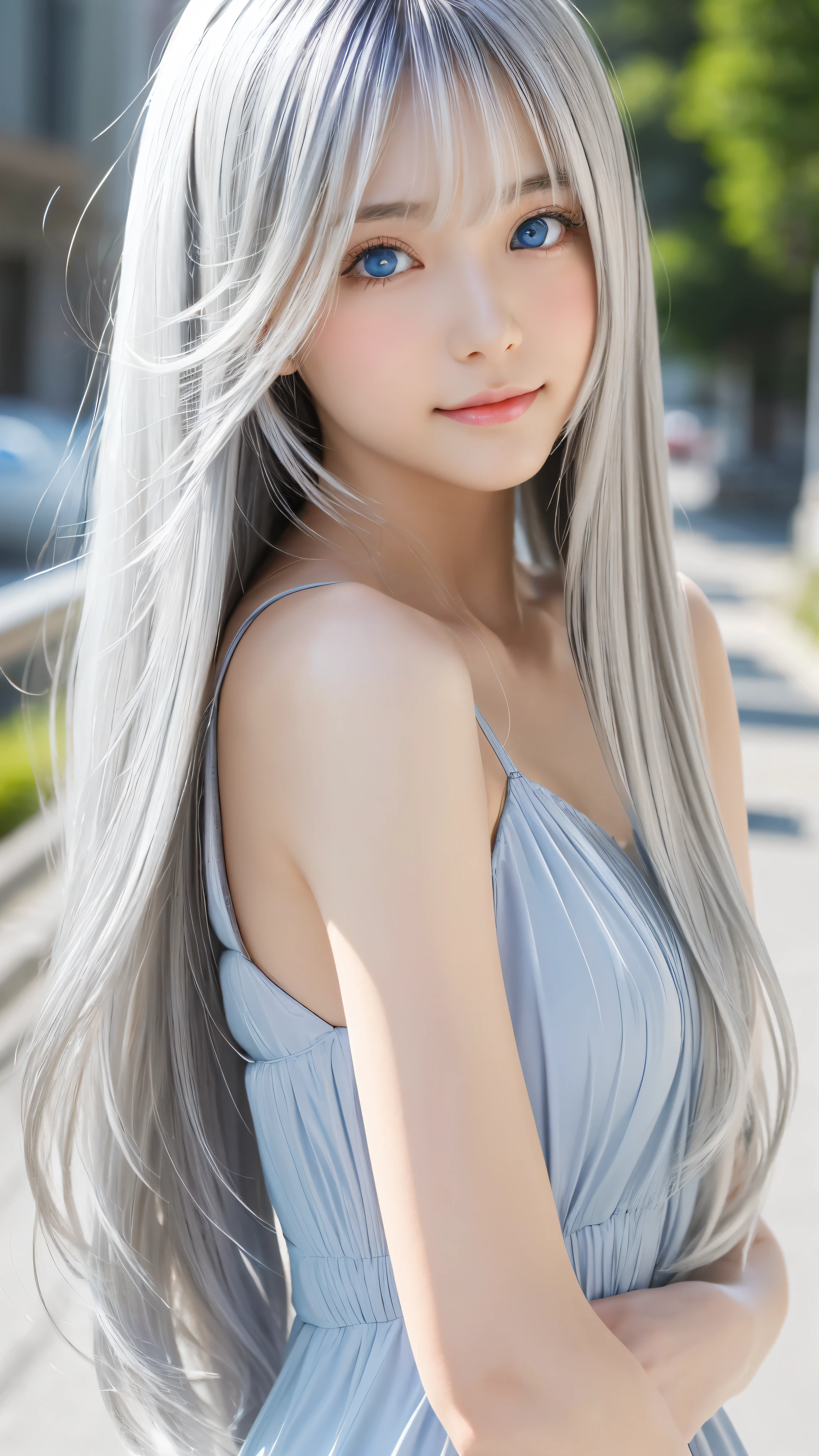 Shining, clear, white skin、Her windblown silver hair hides her beautiful face.、huge、Sexy beautiful face of 28 years old、Beautiful straight hair that stands out、growing up, Sparkling light blue eyes、Sexy long silky bangs covering the eyes, Sexy young woman with super long hair hiding her sexy face、Shining silver hair、(((Sexy Woman)))