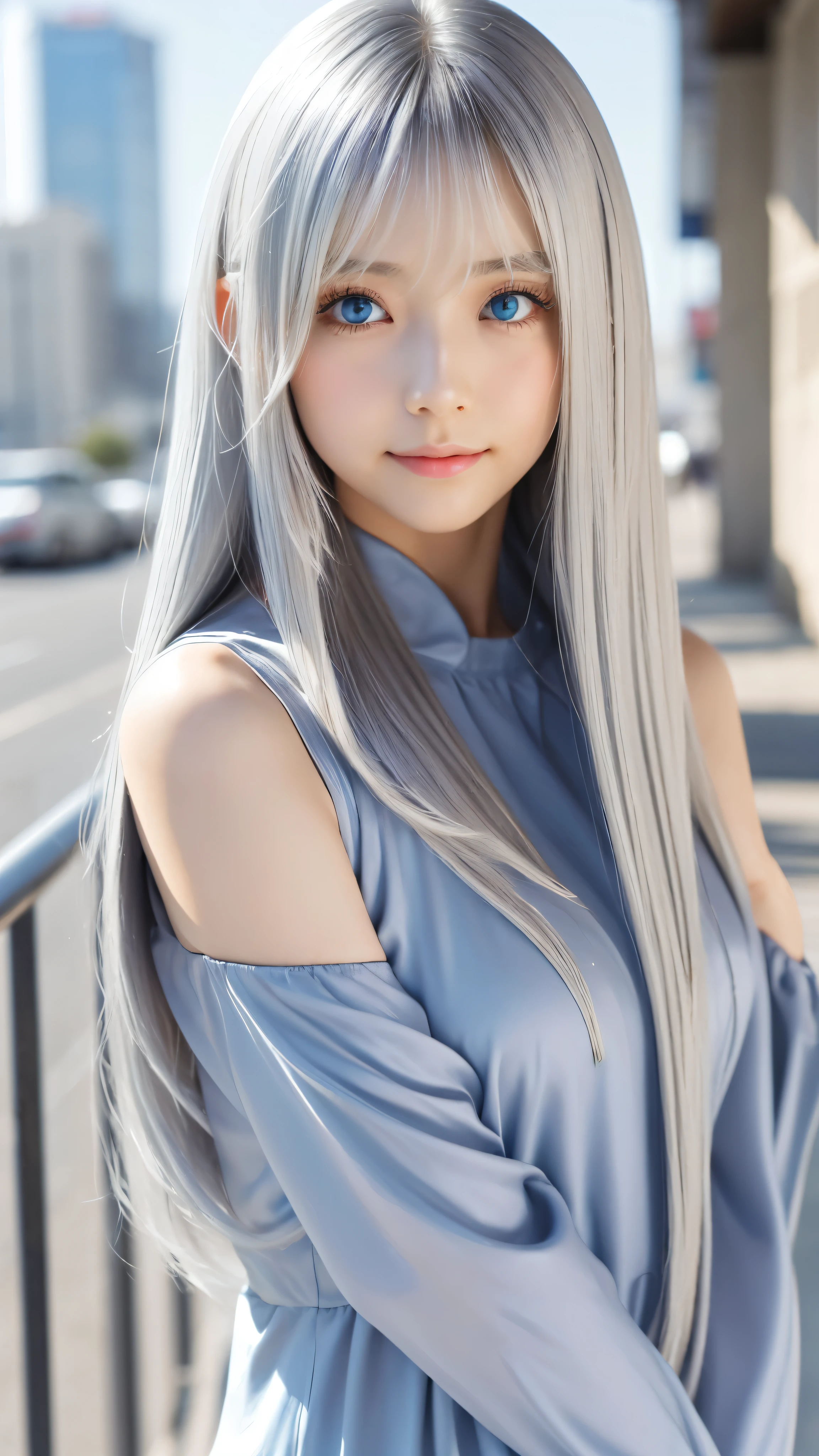 Shining, clear, white skin、Her windblown silver hair hides her beautiful face.、huge、Sexy beautiful face of 28 years old、Beautiful straight hair that stands out、growing up, Sparkling light blue eyes、Sexy long silky bangs covering the eyes, Sexy young woman with super long hair hiding her sexy face、Shining silver hair、(((Sexy Woman)))