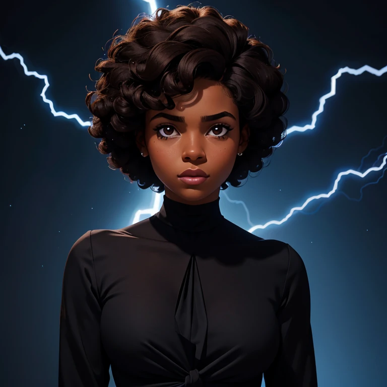 Young adult black woman, with dark brown hair, short tied afro hair, and a black long-sleeved high-neck blouse written, She is facing the camera looking to the side, Black image background and blue lightning