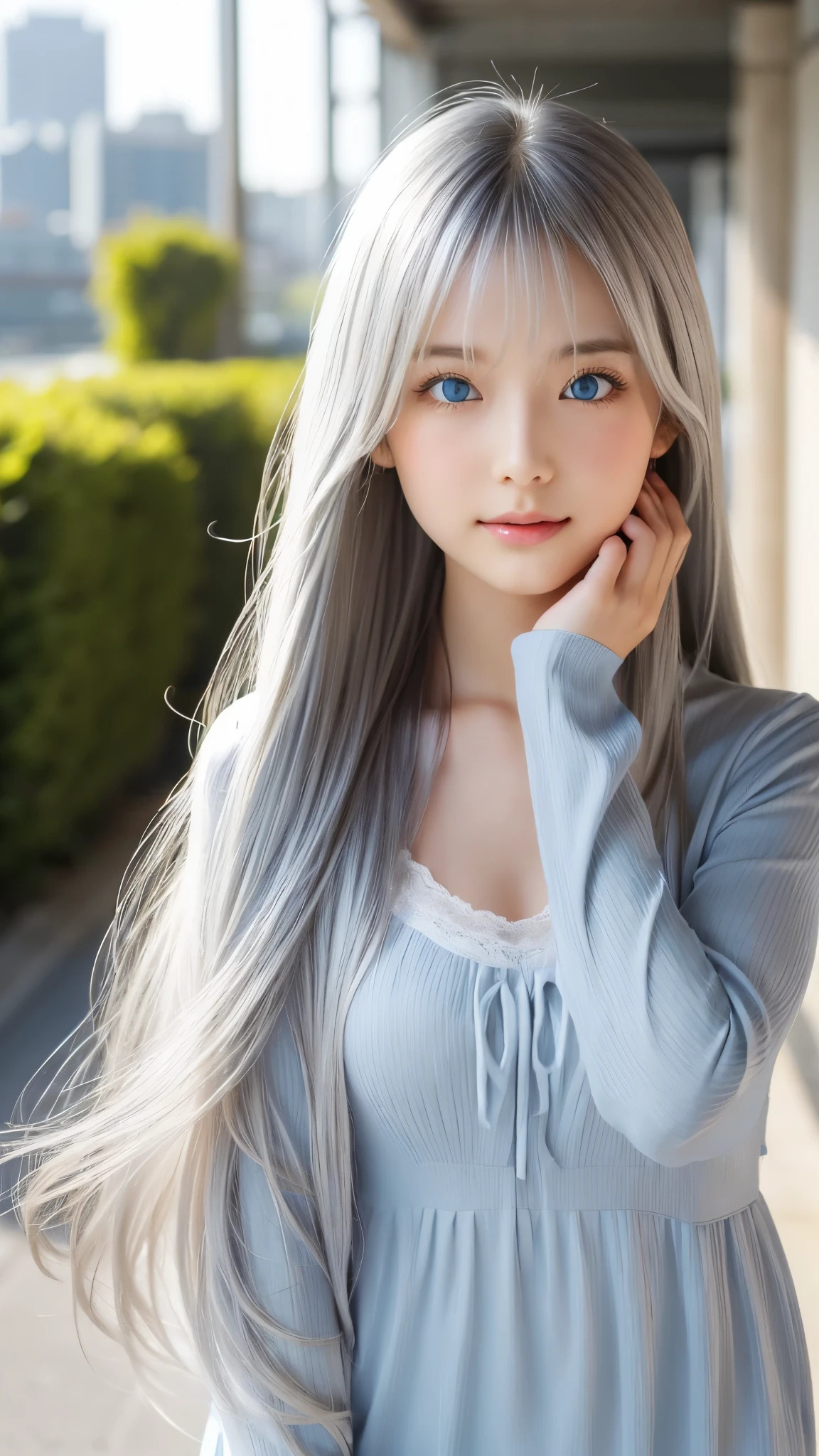 Shining, clear, white skin、Her windblown silver hair hides her beautiful face.、huge、Sexy beautiful face of 28 years old、Beautiful straight hair that stands out、growing up, Sparkling light blue eyes、Sexy long silky bangs covering the eyes, Sexy young woman with super long hair hiding her sexy face、Shining silver hair、(((Sexy Woman)))