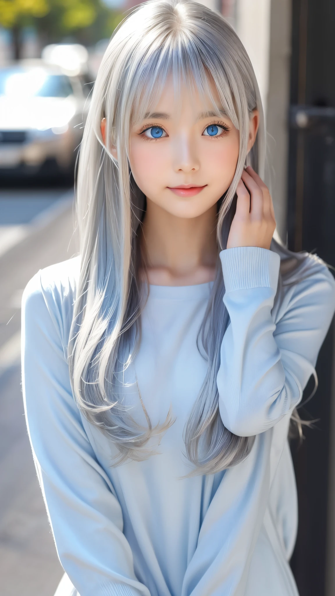 Shining, clear, white skin、Her windblown silver hair hides her beautiful face.、huge、Sexy beautiful face of 28 years old、Beautiful straight hair that stands out、growing up, Sparkling light blue eyes、Sexy long silky bangs covering the eyes, Sexy young woman with super long hair hiding her sexy face、Shining silver hair、(((Sexy Woman)))