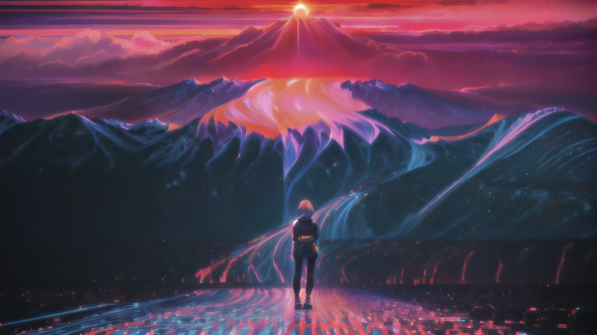 A picture of a person, standing on the road against the backdrop of sunset, from Alena Enami, inspired from Alena Enami, art of Alena Enami, style of Alena Enami, art. Alena Enami, Makoto Shinkai Cyril Rolando, just a joke, 8K HD Wallpapers Digital Art, a masterpiece of epic retrowave art