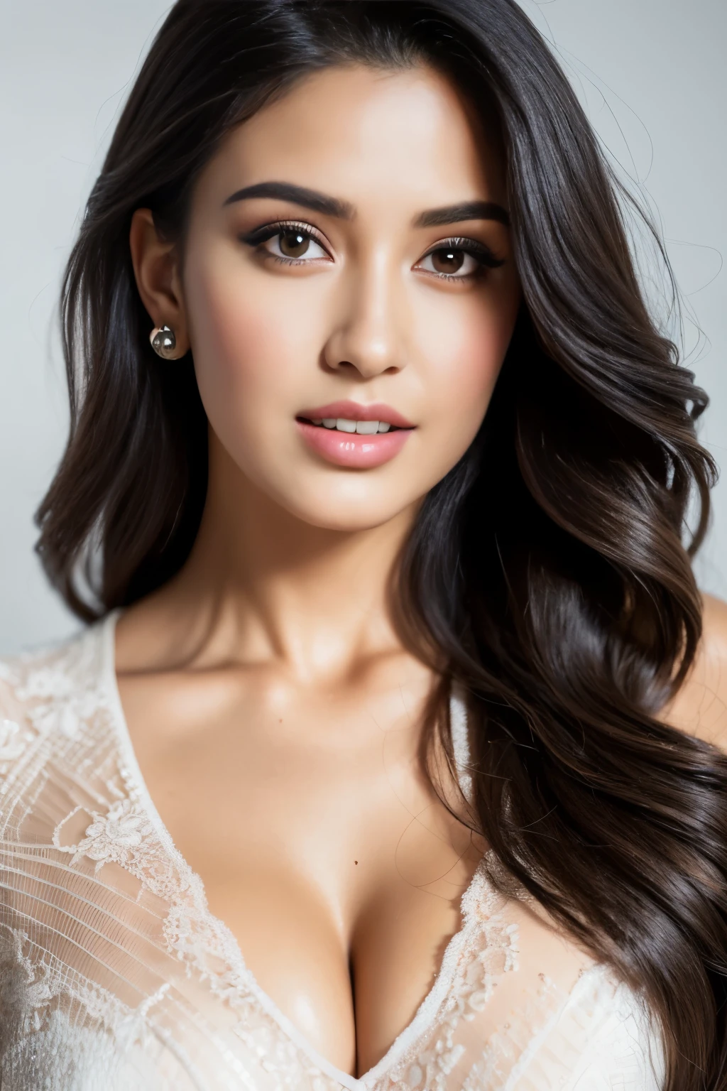 Fashion model 25 years old [[[[close-up]]], [[[[chest]]]], [[[[neck]]], [shoulders]]]]], Perfect eyes, Perfect iris, Perfect lips, Perfect teeth, Perfect skin, Soft front light, Glow, HDR, (Soft color: 1.2), Best quality, masterpiece, ultra high res, (photorealistic:1.37), raw photo, 1girl, long hair, beautifull eyes, beautifull face, detailed eyes and face, t-shirt, dynamic lighting, in the dark, table top, highest quality, realistic, Super detailed, finely, High resolution, 8k wallpaper, 1 beautiful woman, light brown messy hair, He is wearing an open-necked shirt., sharp focus, perfect dynamic composition, beautiful and detailed eyes, thin hair, Detailed realistic skin texture, smile, close-up portrait, model body shape, mile, close-up portrait, model body shape, body shape,cleavage, tropical beach, thin and long legs Translated with DeepL.com (free version)Top Quality, Masterpiece, (Realistic:1.2), 1 girl, detailed face, beautiful eyes, (Masterpiece:1.2, Top Quality), (fine beautiful eyes: 1. 2), (highly detailed Cg Unity 8K wallpaper, Masterpiece, Top Quality, super detailed, best shadow), (detailed background), (beautiful detailed face, beautiful detailed eyes), high contrast, (best lighting, very delicate and beautiful),1girll, beautiful detailed glow, glamorous body, blond hair, purple eyes, best quality, Masterpiece, (Real:1. 2),tropical seaside, very detailed, super high resolution, super high image quality, (masterpiece:1.3), (8k, photorealistic, RAW photo, best quality: 1.4), (1girl), beautiful face, smile, (realistic face), (black hair, short hair:1.3), beautiful hairstyle, realistic eyes, beautiful detailed eyes, (realistic skin), beautiful skin, (Sexy sPortrait of A confident-looking indian girl with long flowing hair, having coffee at home,hazel and brown eyes, c-cup breasts,bokeh, perfect composition, hyperrealistic, super detailed, 8k, high quality, trending art, trending on artstation, sharp focus,  studio photo, intricate details, highly detailed
