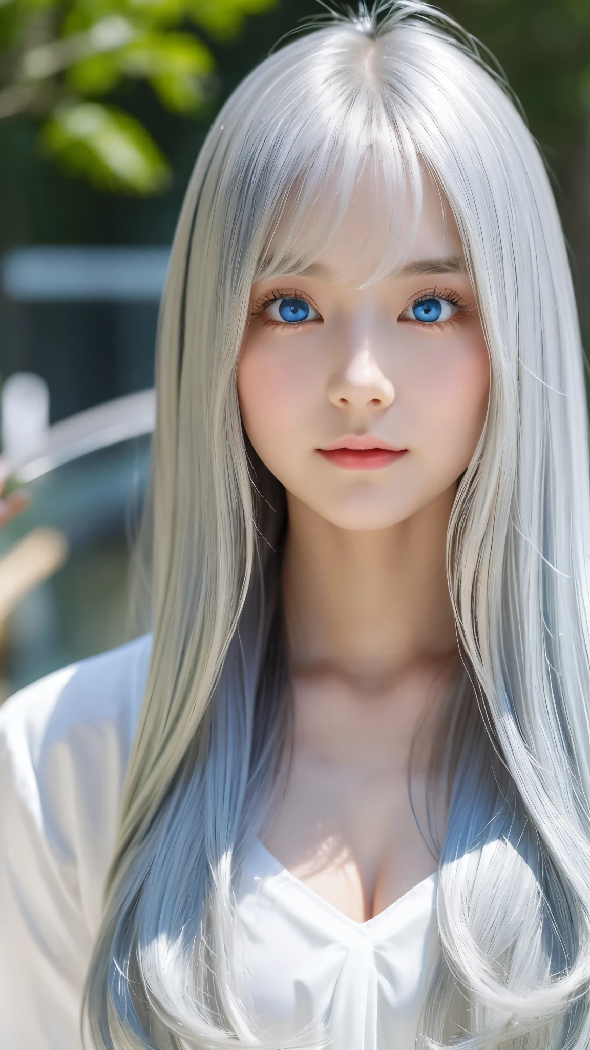 Shining, clear, white skin、Her windblown silver hair hides her beautiful face.、huge、Sexy beautiful face of 28 years old、Beautiful straight hair that stands out、growing up, Sparkling light blue eyes、Sexy long silky bangs covering the eyes, Sexy young woman with super long hair hiding her sexy face、Shining silver hair、(((Sexy Woman)))