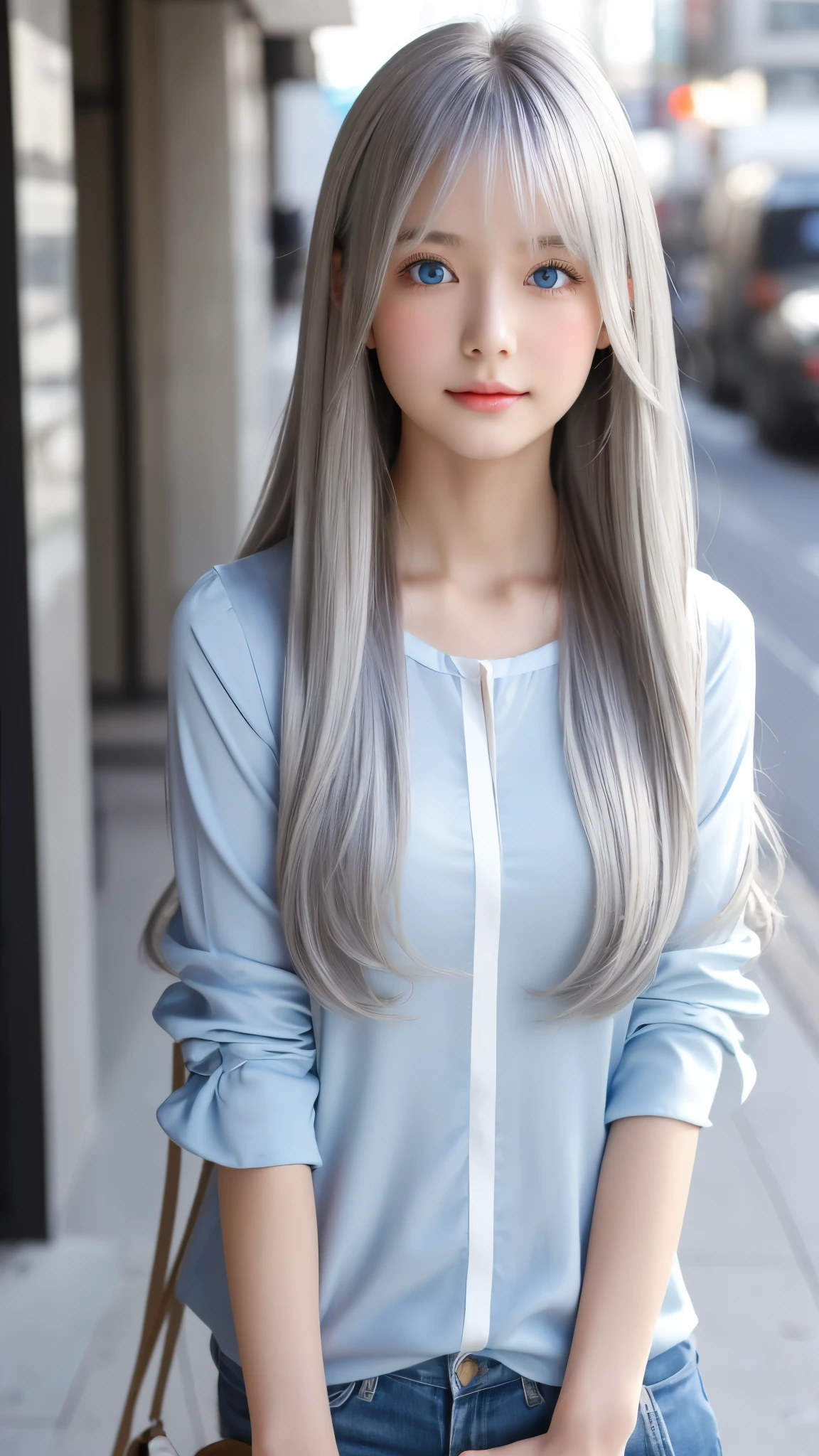 Shining, clear, white skin、Her windblown silver hair hides her beautiful face.、huge、Sexy beautiful face of 28 years old、Beautiful straight hair that stands out、growing up, Sparkling light blue eyes、Sexy long silky bangs covering the eyes, Sexy young woman with super long hair hiding her sexy face、Shining silver hair、(((Sexy Woman)))