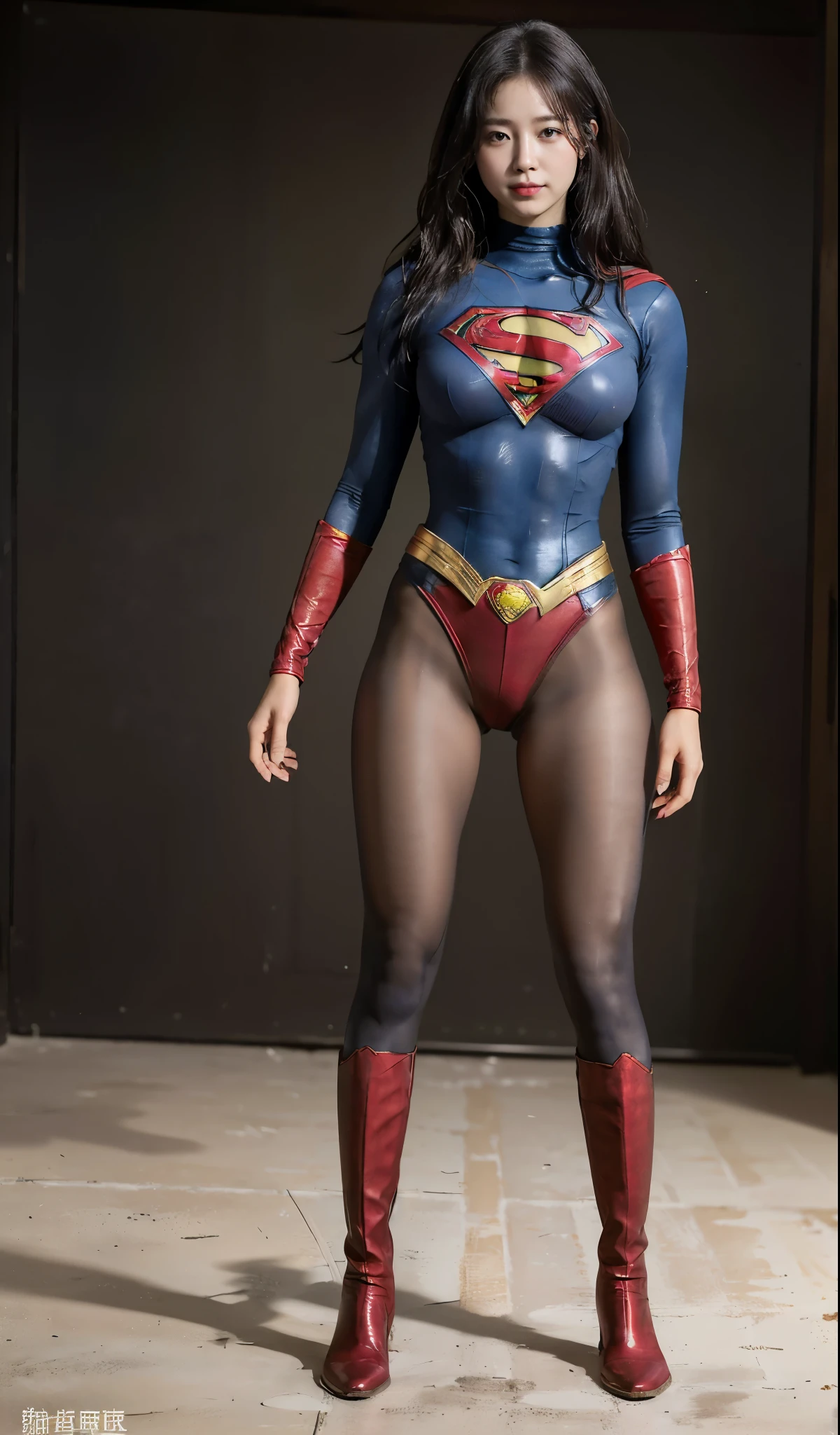 No background、(((Beautiful legs in black tights.)))、(((Legally express the beauty of your smile)))、((((Make the most of your original images)))、(((Supergirl Costume)))、(((Beautiful Hair)))、(((suffering)))、(((Please wear black tights....、Wear red boots)))、((Best image quality、8k))、((highest quality、8k、masterpiece:1.3))、(((Preserve background )))、Sharp focus:1.2、Beautiful woman with perfect figure:1.4、Slim Abs:1.2、Wet body:1.5、Highly detailed face and skin texture、8k