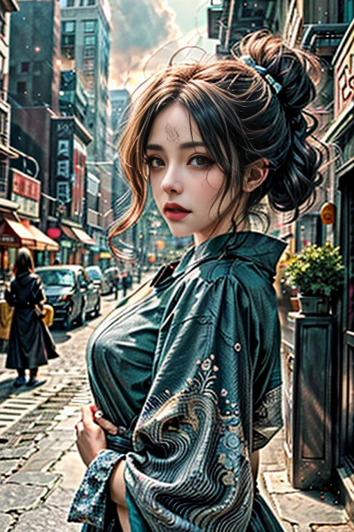 , 1girl big breasts,(a horsetail, Microleakage big breasts:1.2),Perfect body proportions， shift dresses:1.1, Ultra-fine face, well-detailed eyes, 二重まぶた，ssmile，the street，lovly，petite