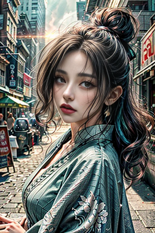 best quality,4k,8k,highres,masterpiece:1.2,ultra-detailed,realistic:1.37,HDR,UHD,studio lighting,ultra-fine painting,sharp focus,physically-based rendering,extreme detail description,professional,dynamic angle, high octane action,dynamic pose, joy expression, (A woman, accompanied by her guardian familiar, stands in a vibrant and bustling city. The woman, dressed in stylish and unique attire, exudes confidence and determination. The woman projects an aura of strength and power.), (Beside the woman, her guardian familiar manifests in the form of a Yokai, a supernatural creature known for its mystical abilities. With intricate details and vibrant colors, the Yokai emanates an otherworldly presence. It serves as a visual representation of the woman's inner self, both a protector and a source of power.), (Surrounding the woman and the Yokai, the cityscape comes alive with bustling streets, vibrant signs, and towering skyscrapers. The city is bathed in the hues of sunset, casting a warm and mysterious glow over the scene. The lights from the city create an enchanting ambiance, highlighting the contrast between the modern metropolis and the fantastical elements of the woman and the Yokai.), (In terms of art style, the image is brought to life with bold lines, dynamic poses, and a unique blend of realism and fantasy. The art style seamlessly integrates the supernatural elements with the urban setting, creating a visually striking composition.), (The lighting in the image is carefully crafted to enhance the atmosphere and mood. Soft, diffused light illuminates the woman's face, accentuating their features and adding a touch of mystery. The cityscape is bathed in golden hues, creating a warm and inviting ambiance that contrasts with the supernatural elements of the scene.)