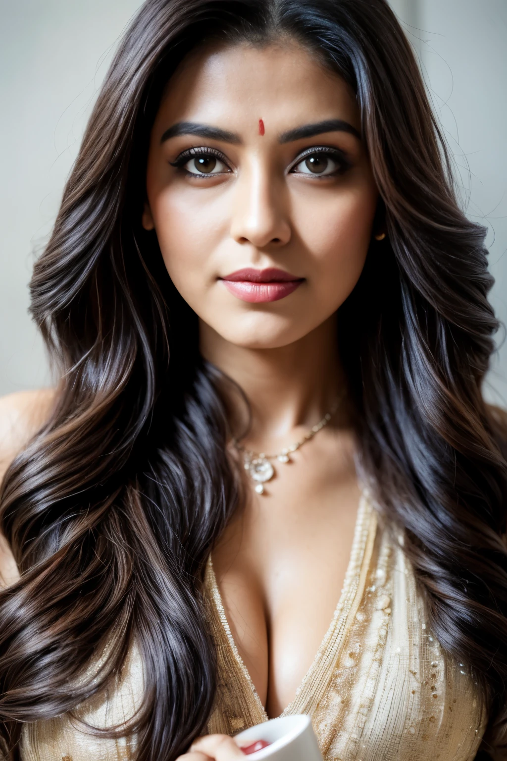 Portrait of A confident-looking indian girl with long flowing hair, having coffee at home,hazel and brown eyes, c-cup breasts,bokeh, perfect composition, hyperrealistic, super detailed, 8k, high quality, trending art, trending on artstation, sharp focus, studio photo, intricate details, highly detailed