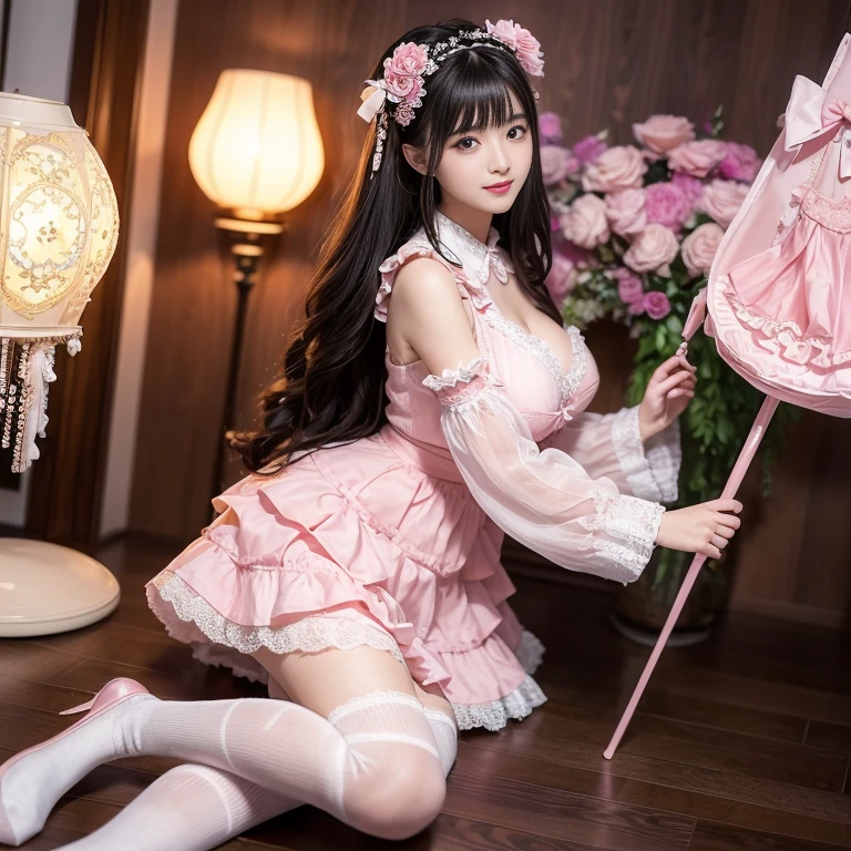 best quality, Delicate face，beautiful visual work,lifelike，1 girl, eternal, Black Hair, Long curly hair, blunt bangs, Smile, Pink skirt, Pink Lolita Dress, Layered Skirt, Lolita style long skirt,分層連衣裙 Lace-trimmed 裙子, decorate, Lace, Long sleeve, Puff sleeves, Wide sleeves, Transparent sleeves, Hair accessories, 在flower园里, flower, Detailed background,  Delicate face，Pink blush，White knee-length socks, Pink shoes，cold，Lots of Lace，((Masterpiece))、(Top quality)、8K、High Detail、Super detailed，21 years old female，穿着Pink Lolita Dress((dreamy atmosphere:1.1))、Seductive and whimsical style、Masterpiece、born、Scenes resembling fairy tale illustrations、Intricate details showcase the ruffles and intricate designs of the Lolita dress、Beautifully、magic、capricious、 Beautifully、Dream aesthetics、「𝓡𝓸𝓶𝓪𝓷𝓽𝓲𝓬、Ethereal、charming、fickle、magic」、realism、Visual effects、FXAA、SSAO、Shaders、voiceless、Ambient Lighting、Tone Mapping、High resolution、Ultra HD、megapixel、(8K resolution:1.10)、8K、Below 8K、8K resolution、High Detail、Intricate details， (high quality:1.2、Masterpiece:1.2、:1.21)、(21 years old female:1.21)、(興奮地Smile)、(Surrounded by the dreamy atmosphere、High heel、Model diagram，full-body shot，Knee-high 白色的 Lace socks,Sweet Lolita，Normal 2 feet，Pink shoes，Baotou shoes，Hair accessories，Don't show your fingers，lolita cake dress，Thousand layer skirt，Every layer has Lace，The skirt has a hem，cold，Huge breasts，Hands on Hips，Wide cuffs cover hands，