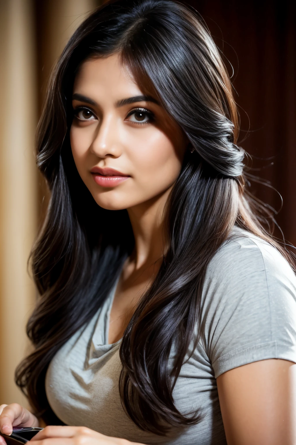 Portrait of A confident-looking indian girl with long flowing hair, having coffee at home,hazel and brown eyes, c-cup breasts,bokeh, perfect composition, hyperrealistic, super detailed, 8k, high quality, trending art, trending on artstation, sharp focus,  studio photo, intricate details, highly detailed