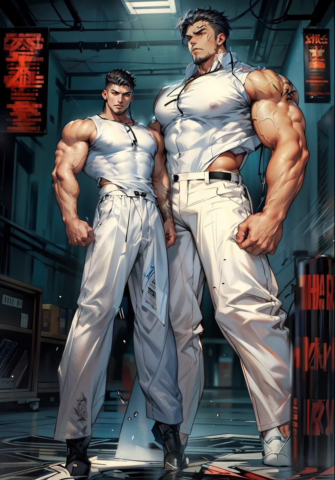 boys 26 Years old, Serious face, wearing (white sleeveless shirt), black pants