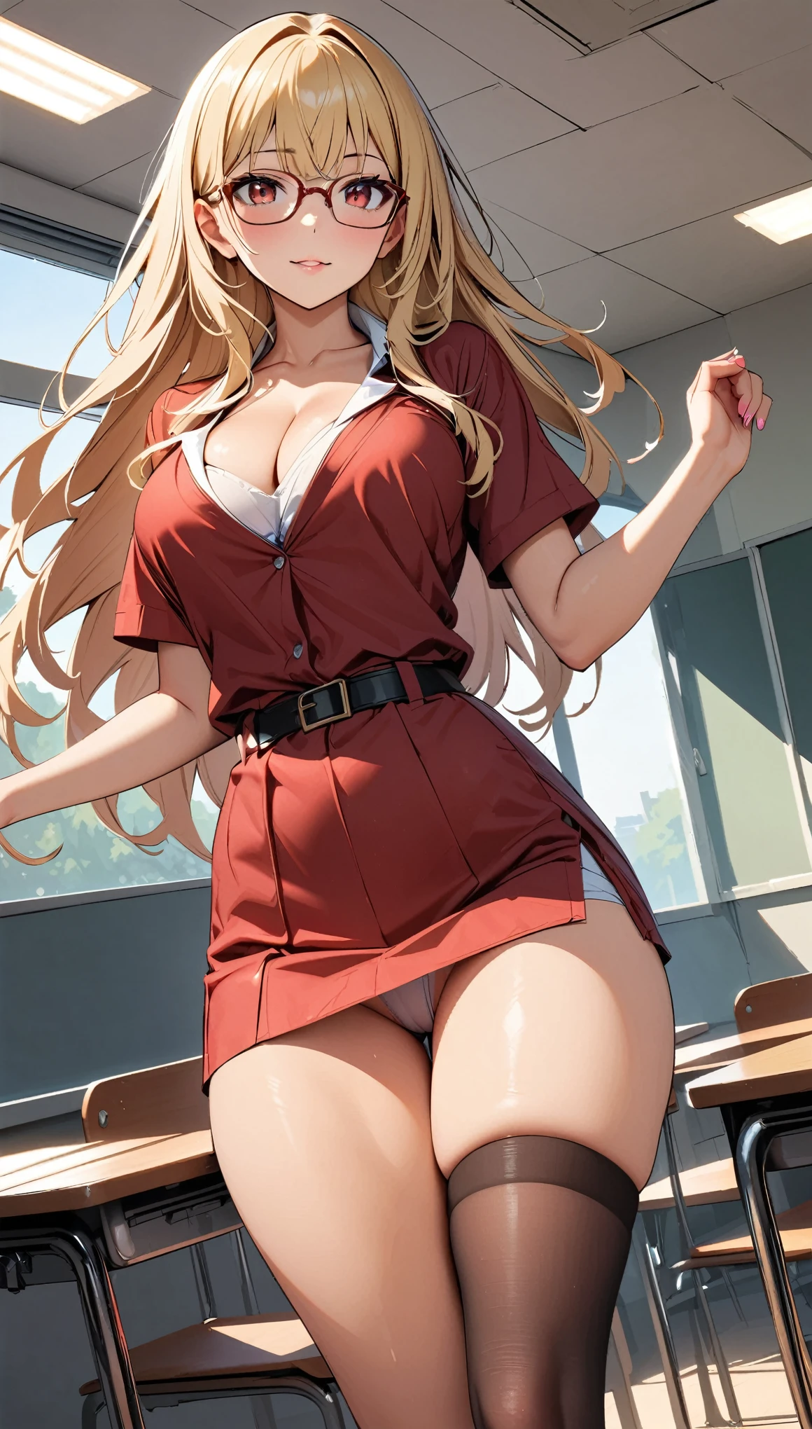 (highest quality: 1.2, Highly detailed, Latest, Vibrant, Super detail, Ultra-high resolution, High contrast, masterpiece: 1.2, highest quality, Best aesthetics, aya:0.9), alone, (1 woman), /( teacher/ ), (teacher), long hair, blonde hair, (red eyes: 1.3), long hair with brown highlights, thighs, skirt, sexy, cleavage, painted nails, belt, thighs with tights, glasses, classroom, shake hands welcome, pink lips, heels, red dress, sexy thigh, detailed leg, dynamic angle, random pause, highly detailed face and skin texture, cowboy shot,una pierna lebantada