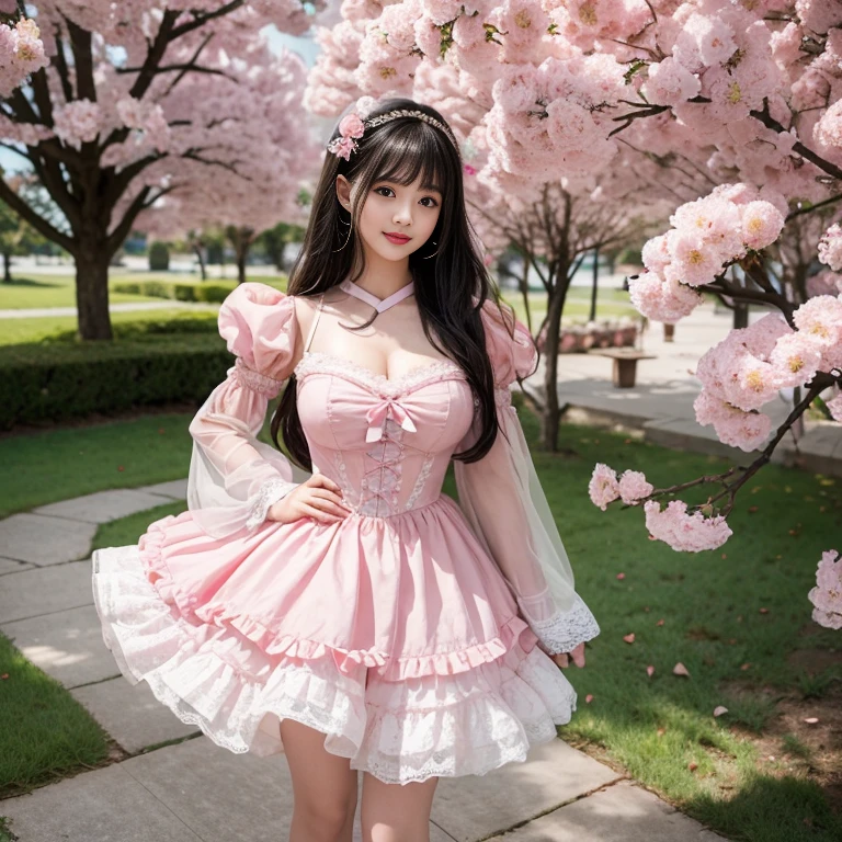 best quality, Delicate face,beautiful visual work,lifelike,1 girl, eternal, Black Hair, Long curly hair, blunt bangs, Smile, Pink skirt, Pink ta Dress, Layered Skirt, Lolityle long skirt,分層連衣裙 Lace-trimmed 裙子, decorate, Lace, Long sleeve, Puff sleeves, Wide sleeves, Transparent sleeves, Hair accessories, 在flower园里, flower, Detailed background, Delicate face,Pink blush,White knee-length socks, Pink shoes,cold,Lots of Lace,((Masterpiece))、(Top quality)、8K、High Detail、Super detailed,21 years old female,穿着Pink Lolita D((dreamy atmosphere:1.1))、Seductive and whimsical style、Masterpiece、born、Scenes resembling fairy tale illustrations、Intricate details showcase the ruffles and intricate designs of the Lolita dressutifully、magic、capricious、 Beautifully、Dream aesthetics、「𝓡𝓸𝓶𝓪𝓷𝓽𝓲𝓬、Ethereal、charming、fickle、magic」、realism、Visual effects、FXAA、SSAO、Shaders、voiceless、Ambient Lighting、Tone Mapping、High resolution、Ultra HD、megapixel、(8K resolution:1.10)、8K、Below 8K、8K resolution、High Detail、Intricate details, (high quality:1.2、Masterpiece:1.2、:1.21)、(21 years old female:1.21)、(興奮地Smile)、(Surrounded by the dreamy atmosphere、High heel、Model diagram,full-body shot,Knee-high 白色的 Lace socks,Sweet Lolita,Normal 2 ,Pink shoes,Baotou shoes,Hair accessories,Don't show your fingers,lolita cake dress,Thnd layer skirt,Every layer has Lace,The skirt has a hem,cold,Huge breasts,Hands on Hips,Wide cuffs cover hands,