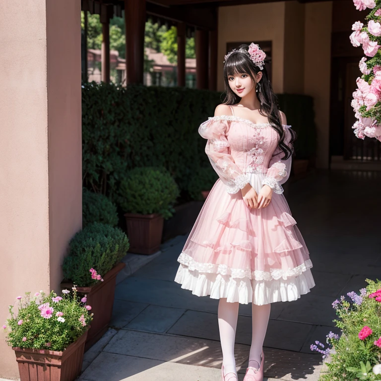 best quality, Delicate face,beautiful visual work,lifelike,1 girl, eternal, Black Hair, Long curly hair, blunt bangs, Smile, Pink skirt, Pink Lolita Dress, Layered Skirt, Lolita style long skirt,分層連衣裙 Lace-trimmed 裙子, decorate, Lace, Long sleeve, Puff sleeves, Wide sleeves, Transparent sleeves, Hair accessories, 在flower园里, flower, Detailed background, Delicate face,Pink blush,White knee-length socks, Pink shoes,cold,Lots of Lace,((Masterpiece))、(Top quality)、8K、High Detail、Super detailed,21 years old female,穿着Pink Lolita Dress((dreamy atmosphere:1.1))、Seductive and whimsical style、Masterpiece、born、Scenes resembling fairy tale illustrations、Intricate details showcase the ruffles and intricate designs of the Lolita dress、Beautifully、magic、capricious、 Beautifully、Dream aesthetics、「𝓡𝓸𝓶𝓪𝓷𝓽𝓲𝓬、Ethereal、charming、fickle、magic」、realism、Visual effects、FXAA、SSAO、Shaders、voiceless、Ambient Lighting、Tone Mapping、High resolution、Ultra HD、megapixel、(8K resolution:1.10)、8K、Below 8K、8K resolution、High Detail、Intricate details, (high quality:1.2、Masterpiece:1.2、:1.21)、(21 years old female:1.21)、(興奮地Smile)、(Surrounded by the dreamy atmosphere、High heel、Model diagram,full-body shot,Knee-high 白色的 Lace socks,Sweet Lolita,Normal 2 feet,Pink shoes,Baotou shoes,Hair accessories,Don't show your fingers,lolita cake dress,Thousand layer skirt,Every layer has Lace,The skirt has a hem,cold,Huge breasts,Hands on Hips,Wide cuffs cover hands,