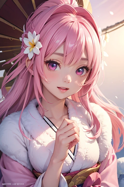 Very detailed CG Unity 8K wallpaper, Cute One lady, Mature pink hair、lady ,beautiful lady, pale skin (Super masterpiece, Beautiful person, well detailed face polluted smile, Photorealistic, hyper realisitic), Colorful winter kimono in pink and white colors、(white fur)、Japanese Style Hair Accessories、smile、Japanese background with light pink flowers and snow、Portrait、(pink eye)、(flat chest:1.0)、(Glowing Skin:1.7)、Detailed eyes、Big eyes、Open your mouth、Hide your arms