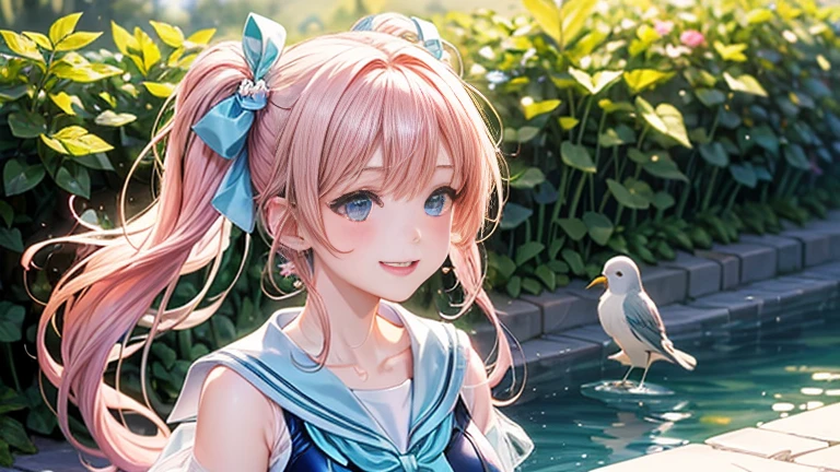 (Two girls)、Anime girl with pink hair and a ribbon in her hair, Cute realistic portrait, 、Gweitz, Magical Girl Portrait, Cute Characters, Cute art style, Anime Moe Art Style, MapleStory character art, cute portrait, Cute Anime Girl Portrait, Small person portrait, artwork in the style of Gweitz, Splash Art Anime ,((green、light blue、See-through sailor one-piece swimsuit、Wearing a blouse over her swimsuit、pantyhose、White mini skirt))、Cute Earrings、Long Hair Twin Tail、bird、Wind、smile、Embarrassed face、Embarrassing