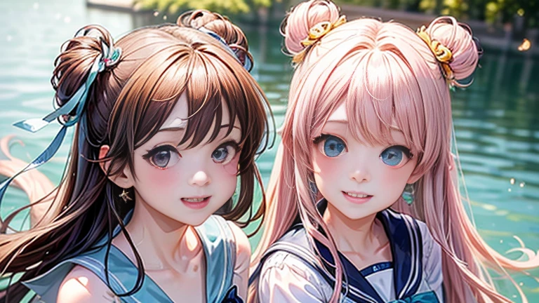 (Two girls)、Anime girl with pink hair and a ribbon in her hair, Cute realistic portrait, 、Gweitz, Magical Girl Portrait, Cute Characters, Cute art style, Anime Moe Art Style, MapleStory character art, cute portrait, Cute Anime Girl Portrait, Small person portrait, artwork in the style of Gweitz, Splash Art Anime ,((green、light blue、See-through sailor one-piece swimsuit、Wearing a blouse over her swimsuit、pantyhose、White mini skirt))、Cute Earrings、Long Hair Twin Tail、bird、Wind、smile、Embarrassed face、Embarrassing