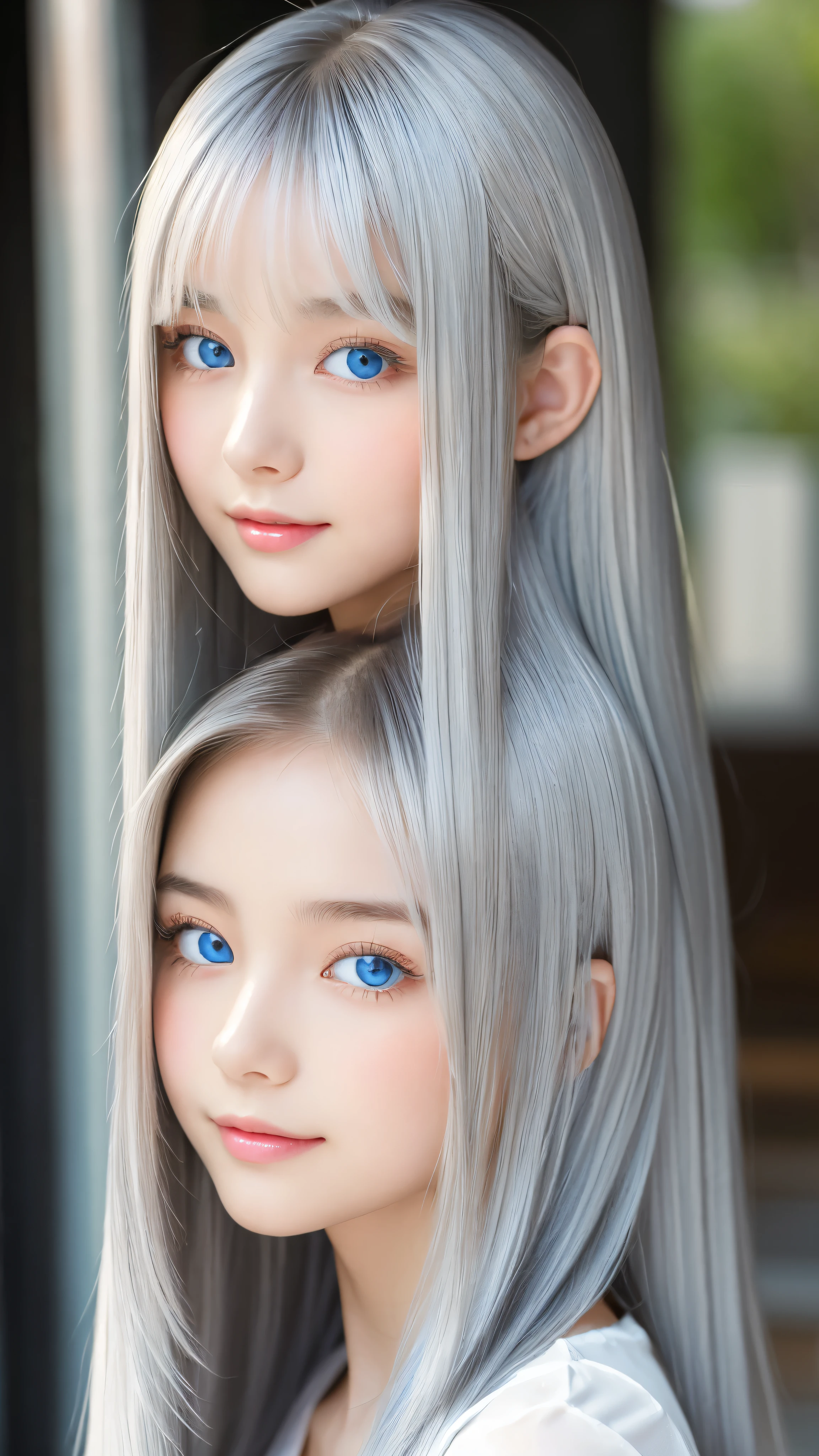 Shining, clear, white skin、Her windblown silver hair hides her beautiful face.、huge、Sexy beautiful face of 28 years old、Beautiful straight hair that stands out、growing up, Sparkling light blue eyes、Sexy long silky bangs covering the eyes, Sexy young woman with super long hair hiding her sexy face、Shining silver hair、(((Sexy Woman)))