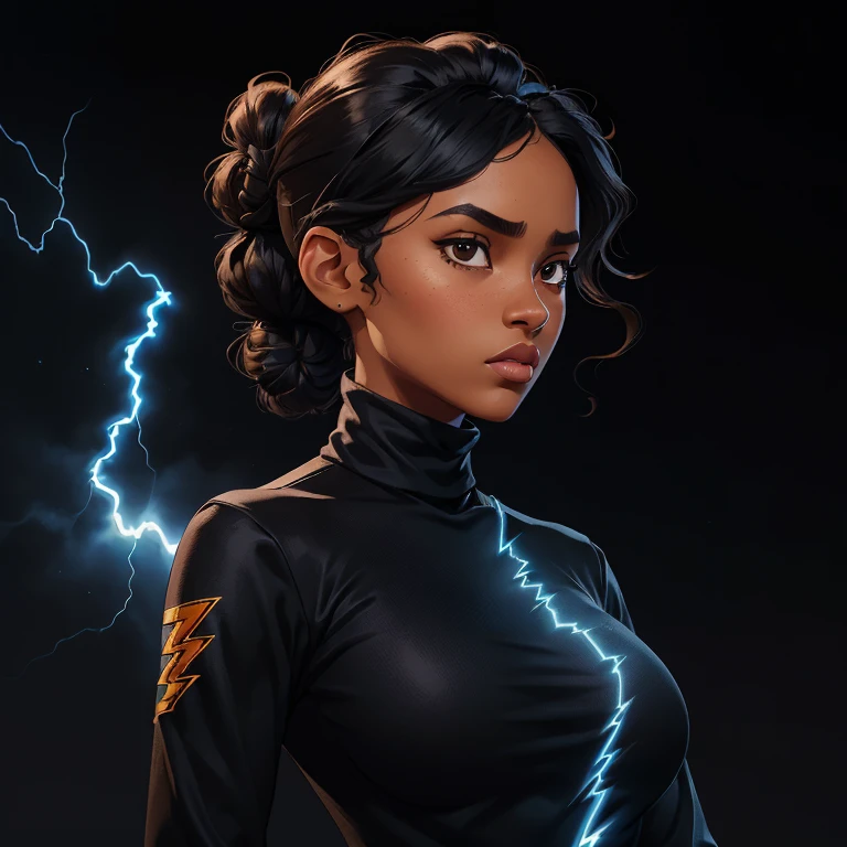 ((Black free fire game style female character)), ((arafed woman))((African-American Asian)), ((With black curly hair tied up with some loose strands)), ((And a black long-sleeved blouse purchased turtleneck written Girl)),((She is facing the camera looking to the side, black background and blue lightning))