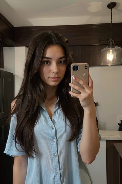 Italian brunette with long hair taking a selfie with her phone while completely hiding her head